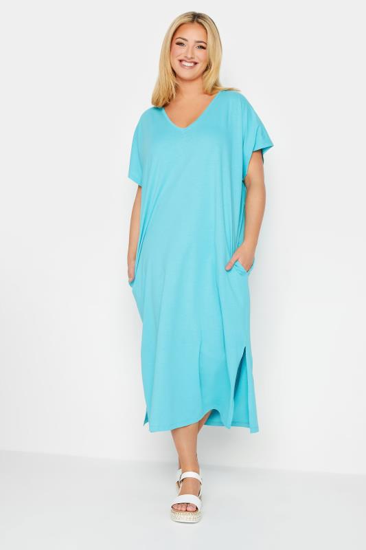 YOURS Plus Size Blue Side Split Midaxi T-Shirt Dress | Yours Clothing 2