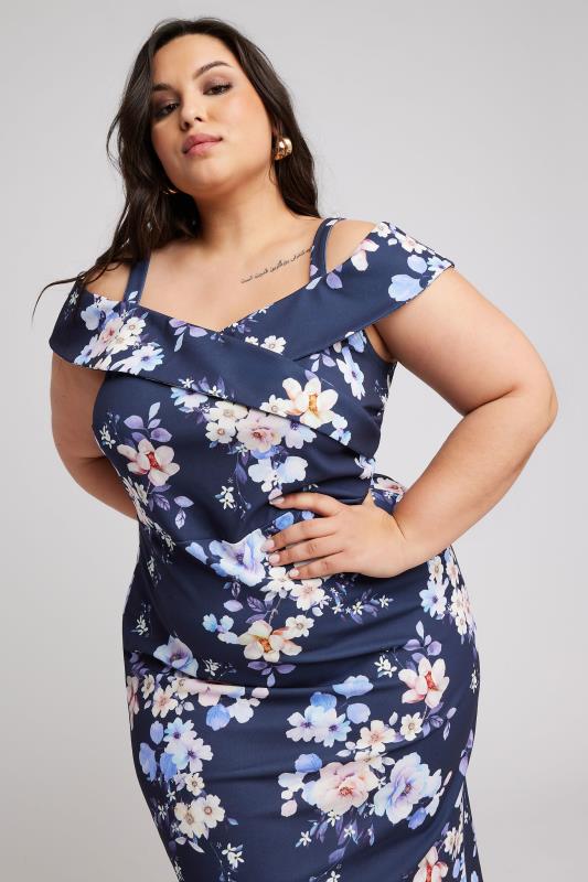 YOURS LONDON Plus Size Navy Blue Floral Print Bardot Dress | Yours Clothing 1