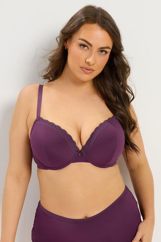 YOURSET 3 PACK Plus Size Burgundy Red & Green Lace Trim Padded T-Shirt Bras | Yours Clothing 1