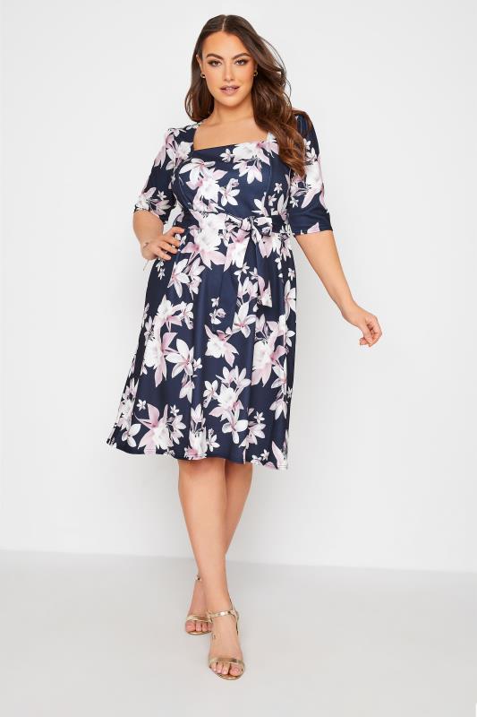 YOURS LONDON Plus Size Navy Blue Floral Print Square Neck Dress | Yours Clothing 2