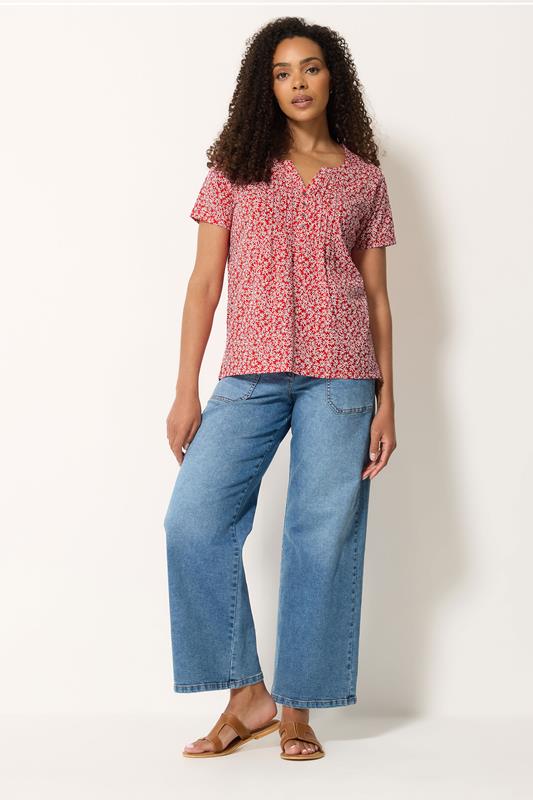 M&Co 2 PACK Red & White Floral Cotton Henley Tops | M&Co 2