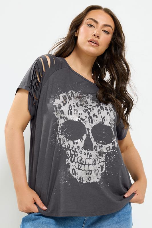  YOURS Curve grijs T-shirt met lasergesneden schedelprint