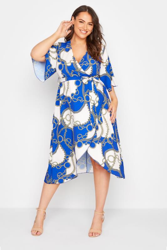 YOURS LONDON Plus Size Blue Chain Print Wrap Dress | Yours Clothing 1