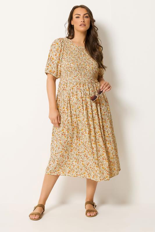 YOURS Plus Size Yellow Ditsy Floral Shirred Dress | Yours Clothing 1