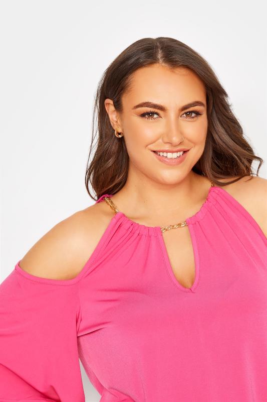 YOURS LONDON Plus Size Hot Pink Chain Neckline Cold Shoulder Top | Yours Clothing 4