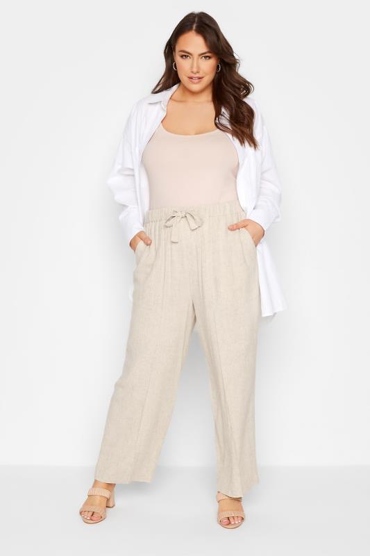 Plus Size Light Beige Brown Linen Wide Leg Trousers | Yours Clothing 2