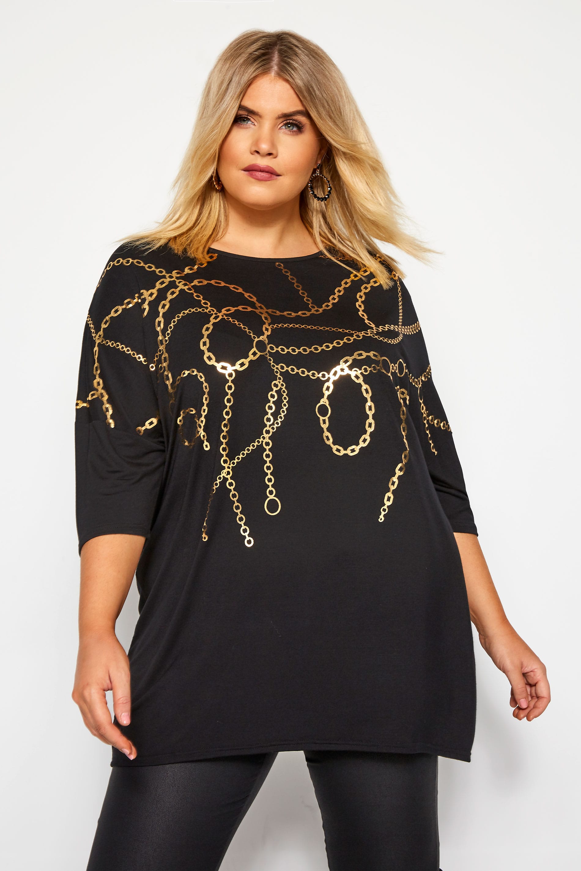 Black 34 Length Sleeve Gold Foil Chain Print Top Yours Clothing