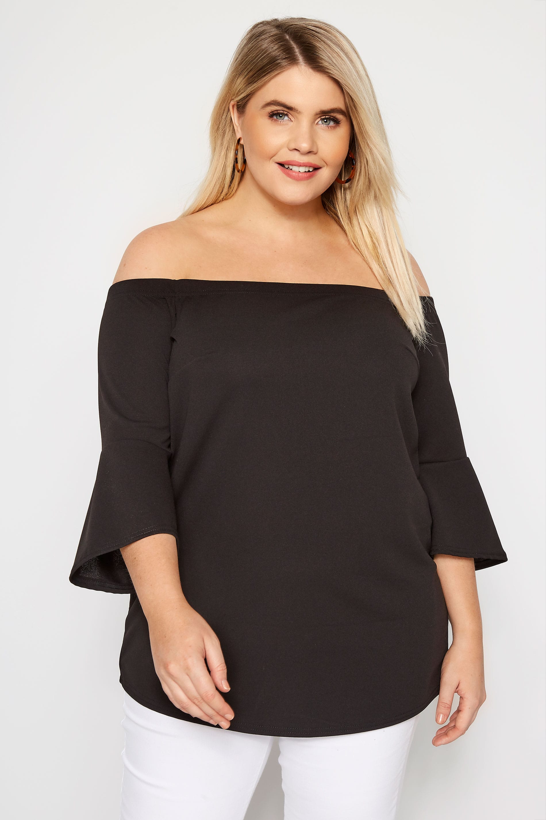 Black Bardot Top With Flute Sleeves | Sizes 16 to 36 | Yours Clothing