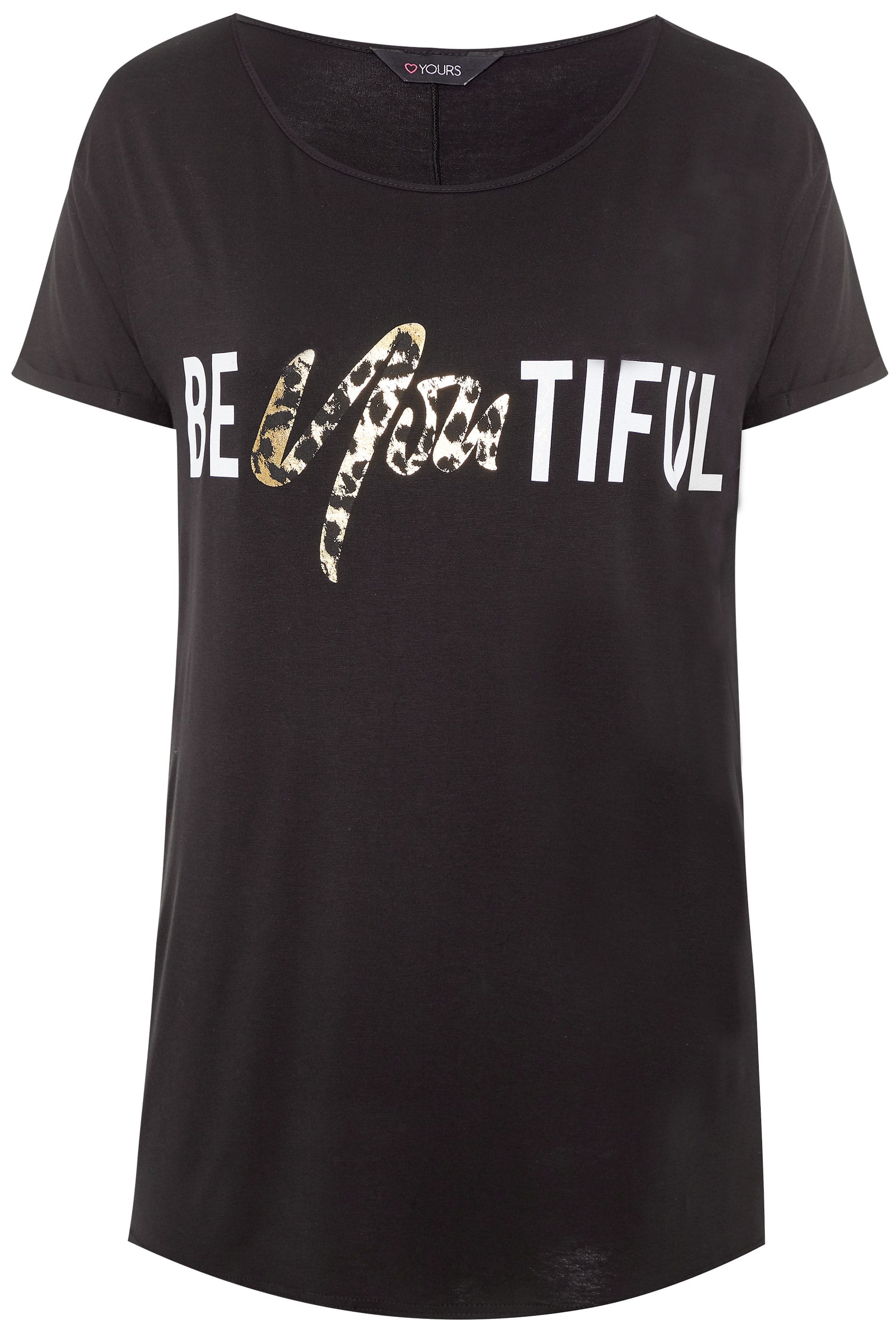 Black 'BeYOUtiful' Slogan Print Leopard Foil T-Shirt | Yours Clothing