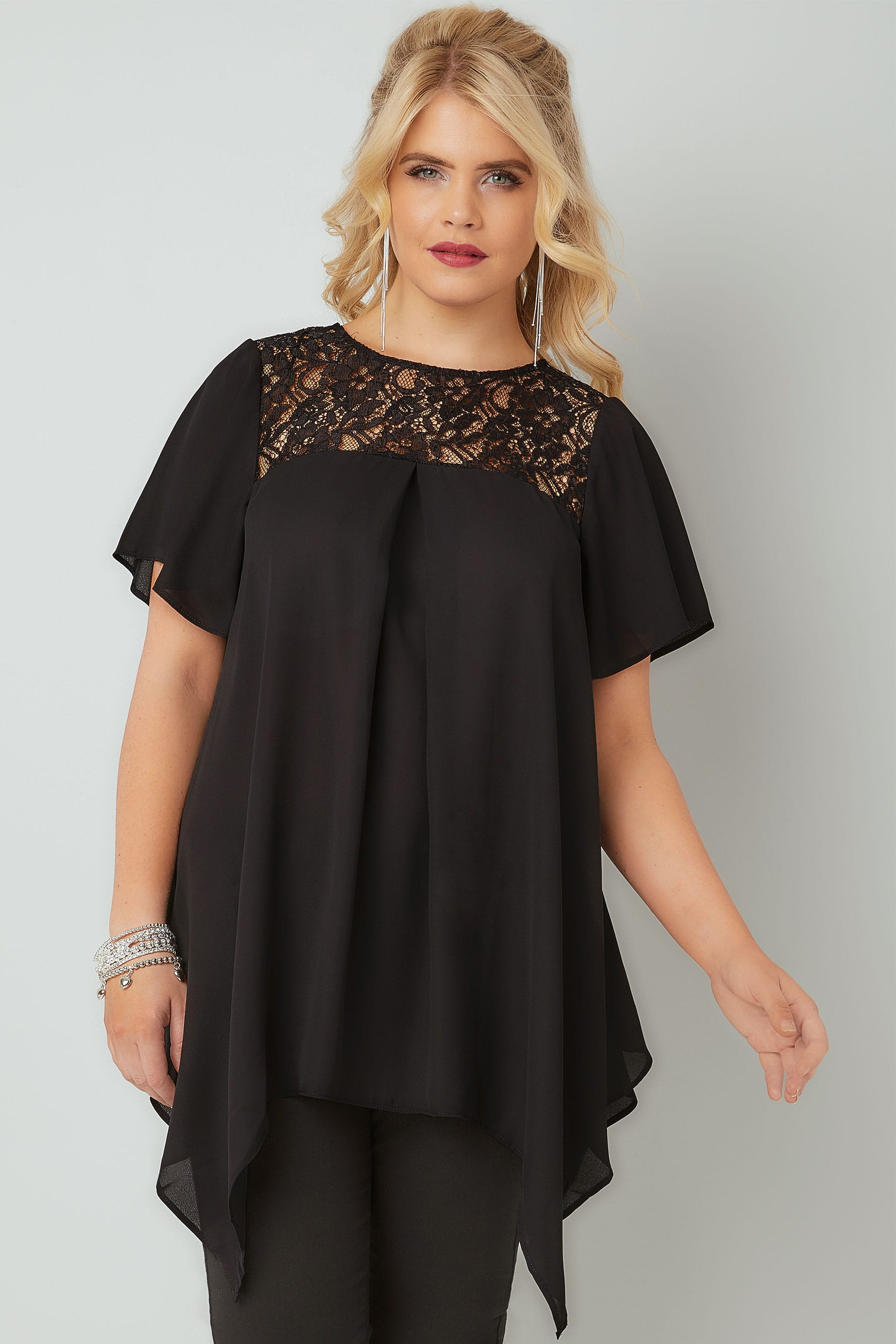 Black Blouse With Lace Sequin Yoke, Plus size 16 to 32