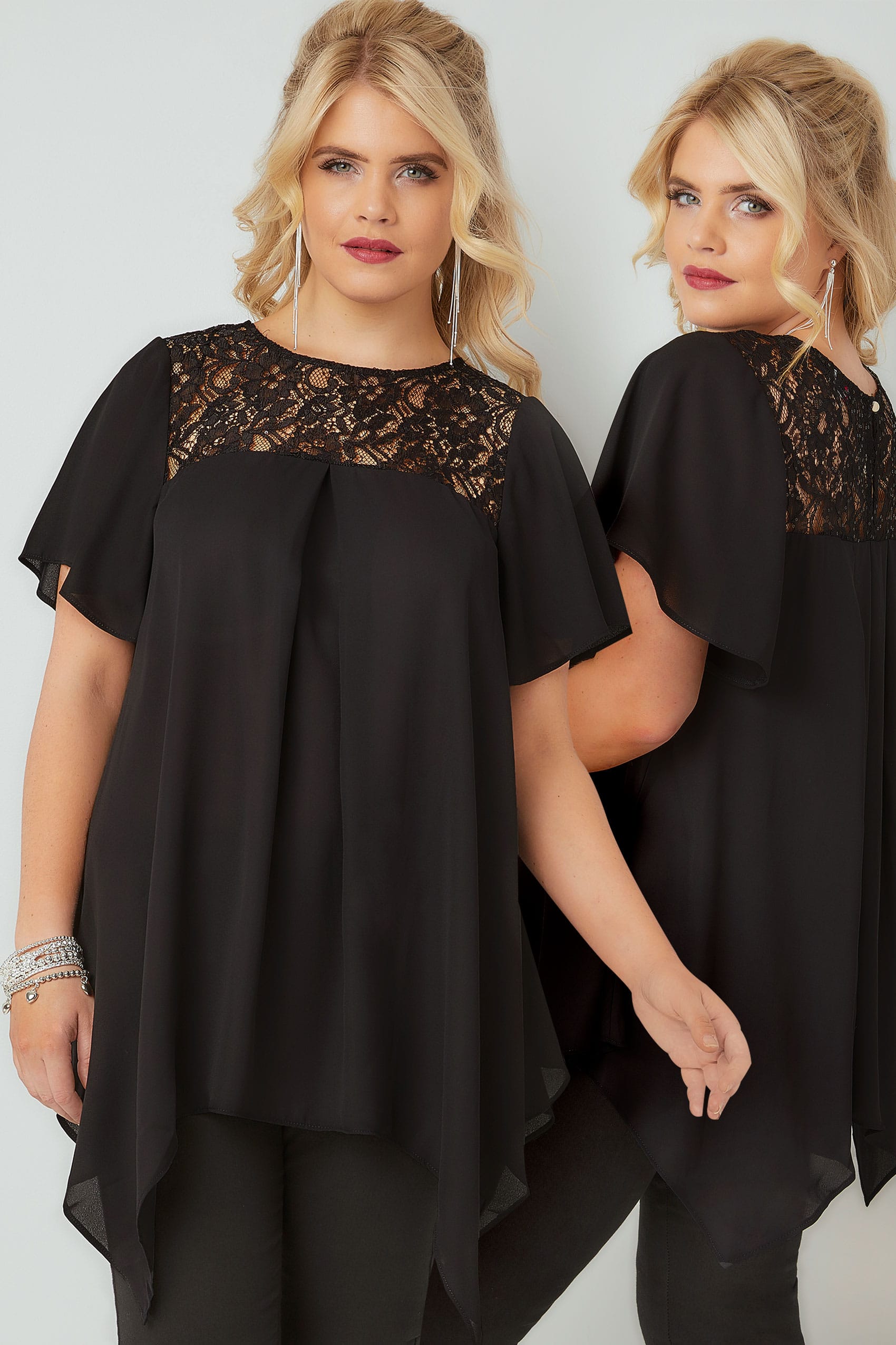Black Blouse With Lace Sequin Yoke, Plus size 16 to 32