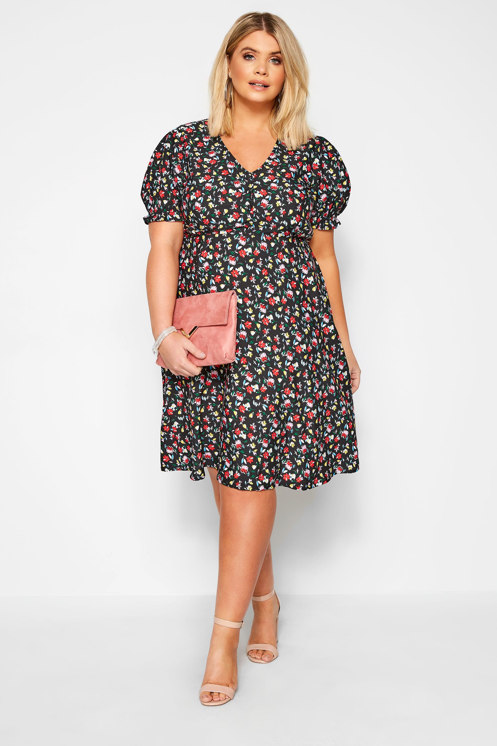 Black Bright Floral Tea Dress Yours Clothing