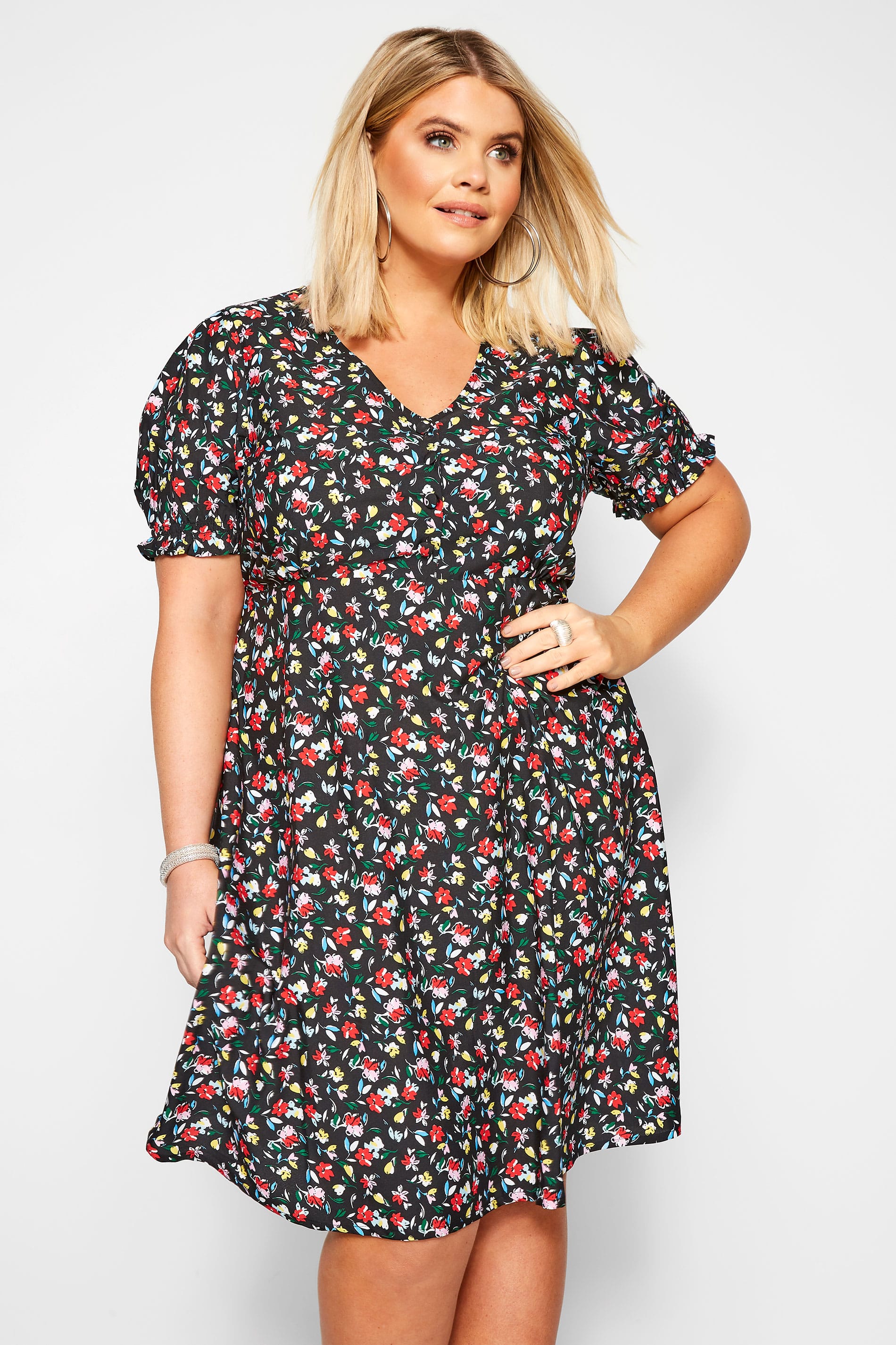 Black Bright Floral Tea Dress | Yours Clothing