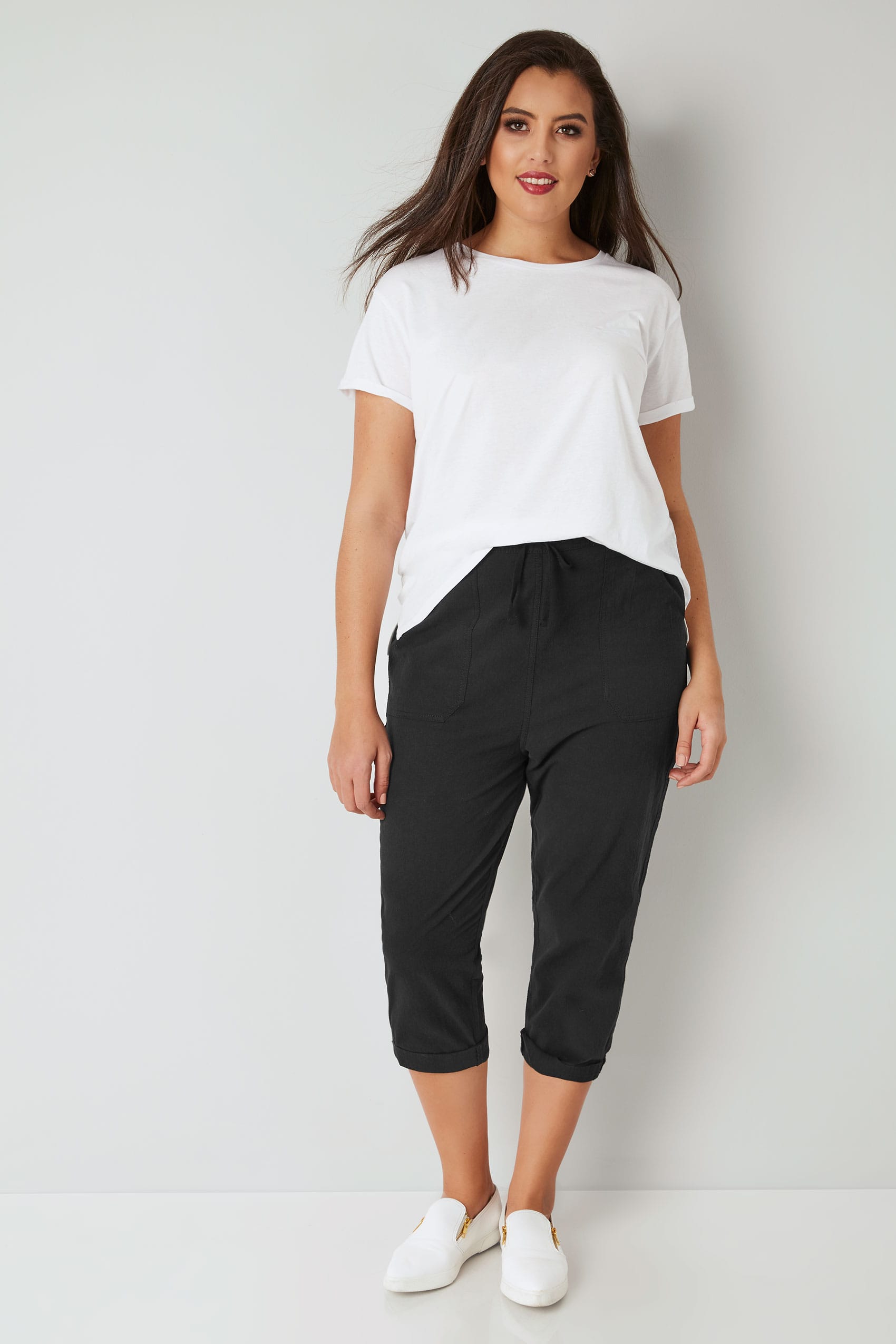 Black Cool Cotton Cropped Trousers, plus size 16 to 36