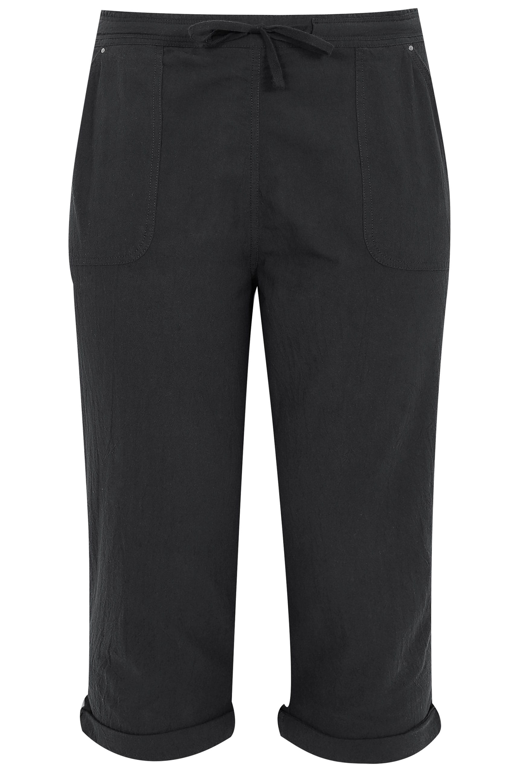 Black Cool Cotton Cropped Trousers, plus size 16 to 36