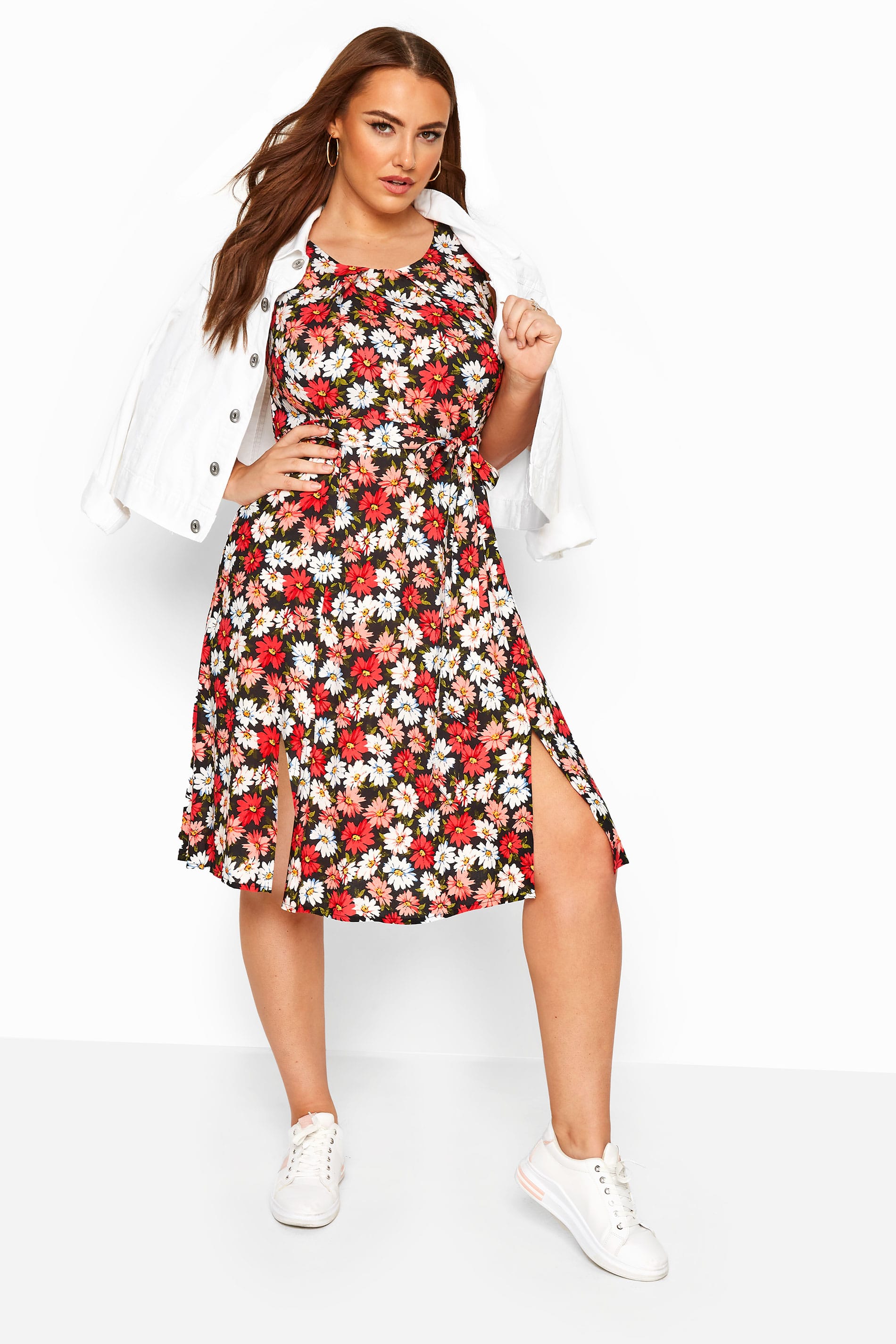 Black & Coral Daisy Print Skater Dress | Yours Clothing