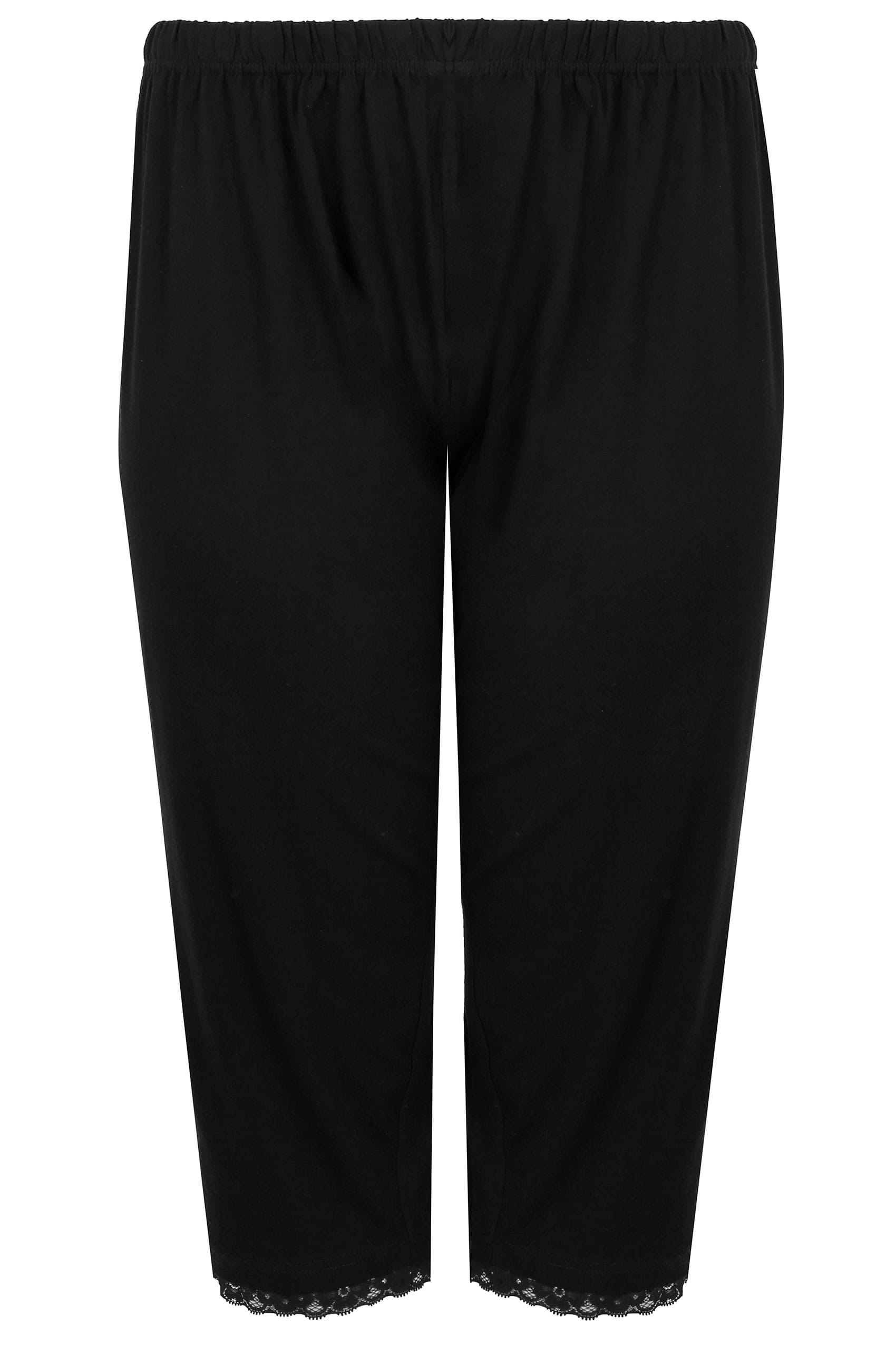 Plus Size Black Lace Trim Crop Pyjama Bottoms | Yours Clothing