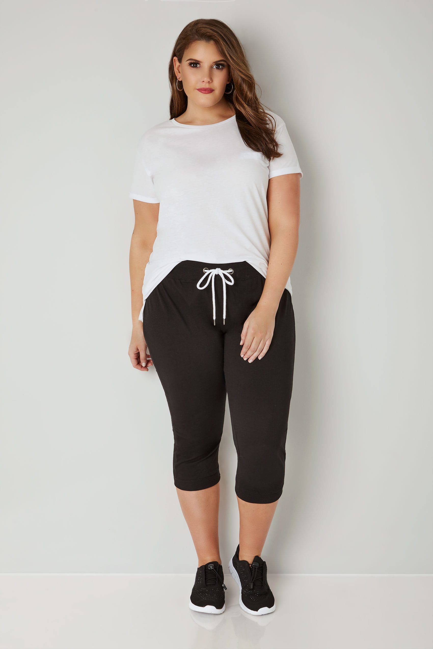 Black Cropped Joggers With Elasticated Waistband, plus size 16 to 36 ...