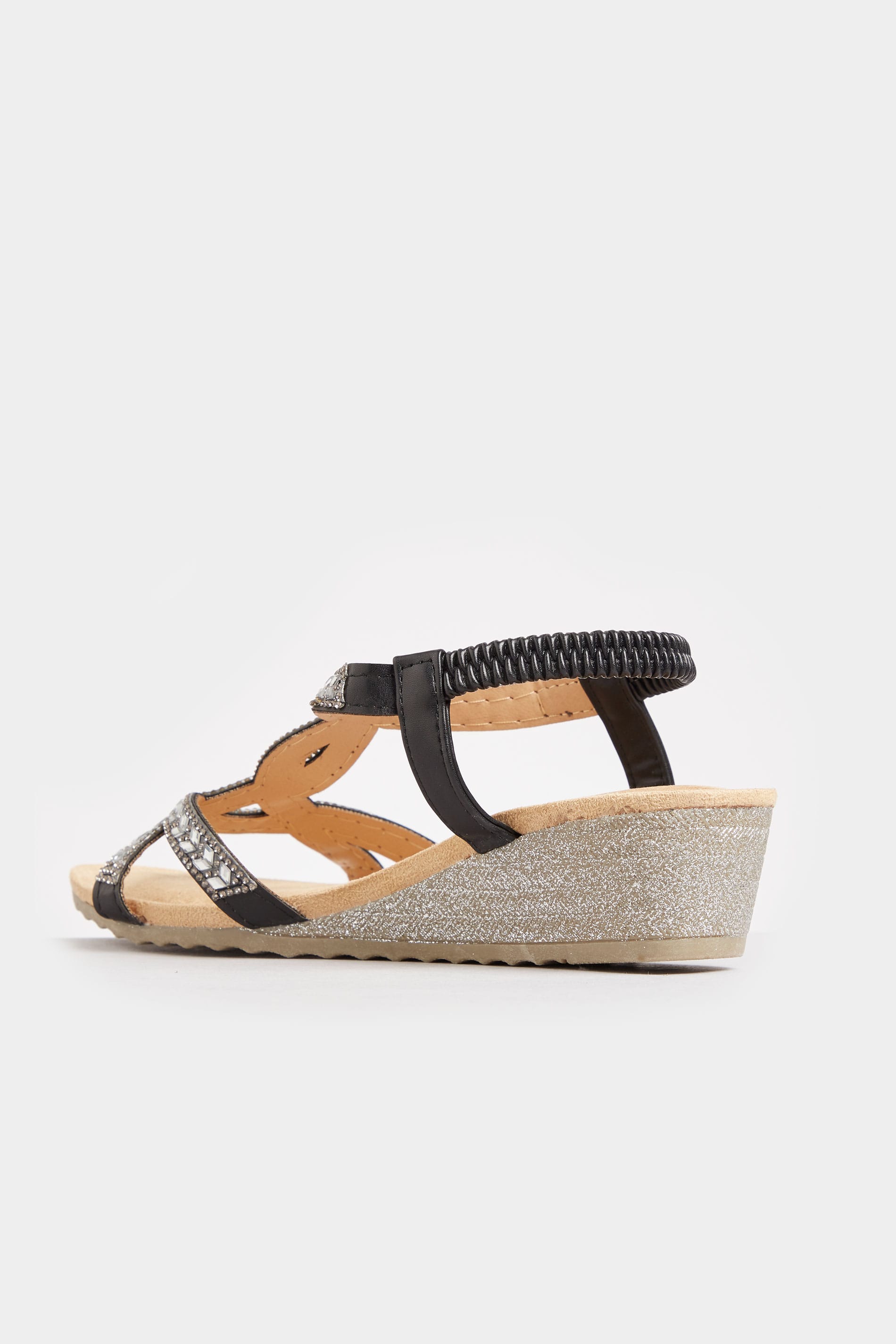 Black Diamante Twist Wedge Sandals In Extra Wide Fit | Yours Clothing