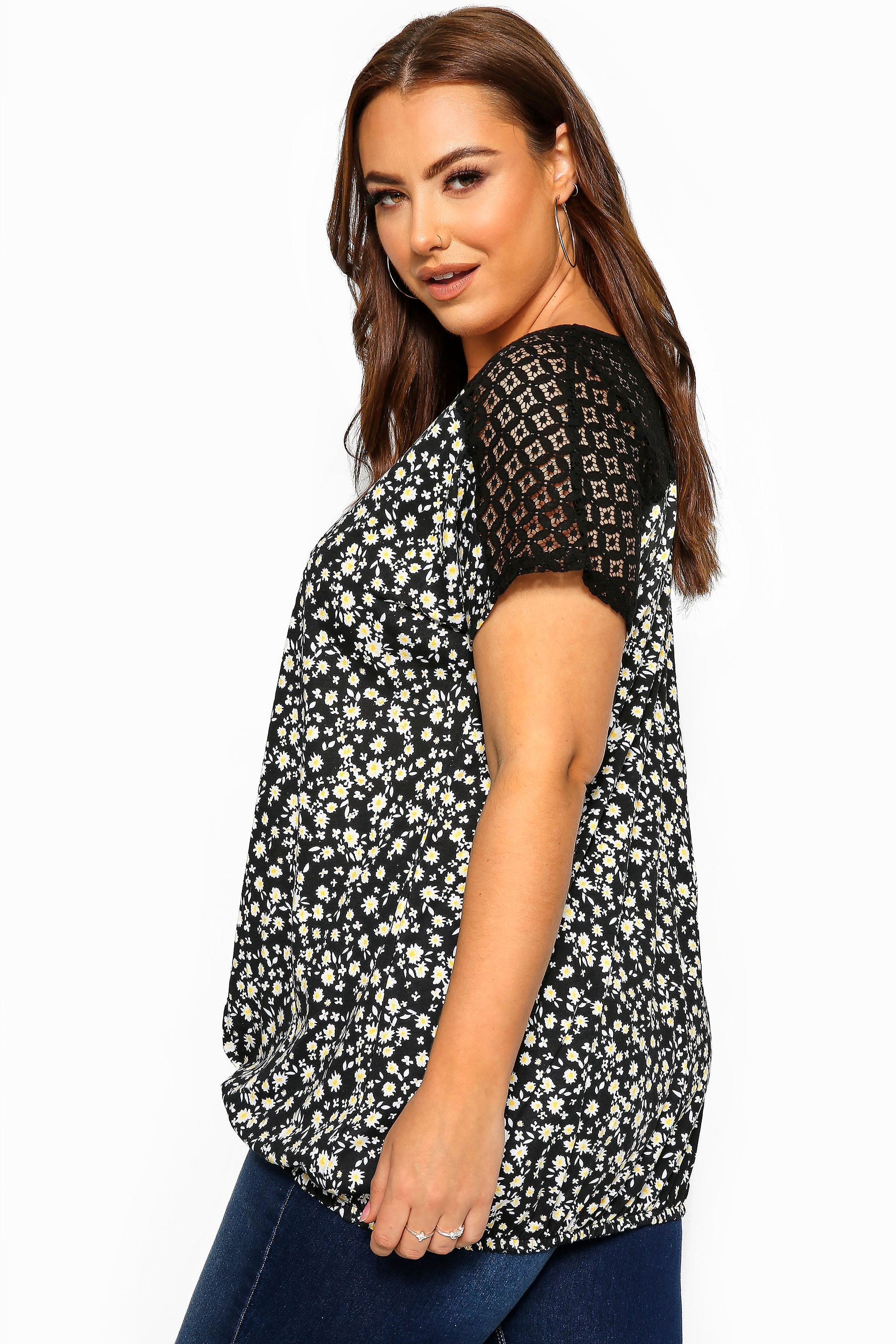 Black Ditsy Crochet Lace Bubble Hem Top | Yours Clothing