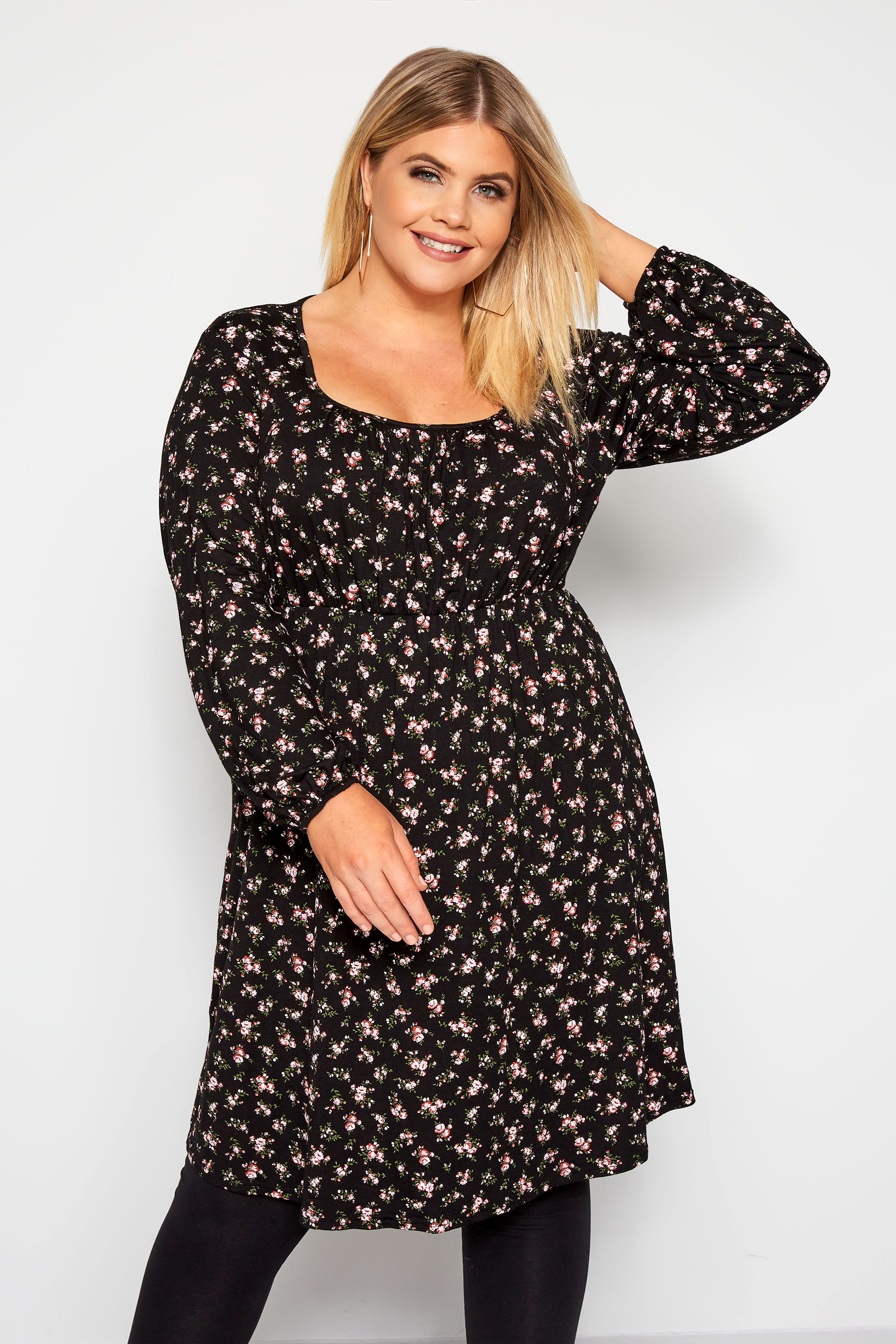 Black Ditsy Floral Print Milkmaid Dress | Yours Clothing