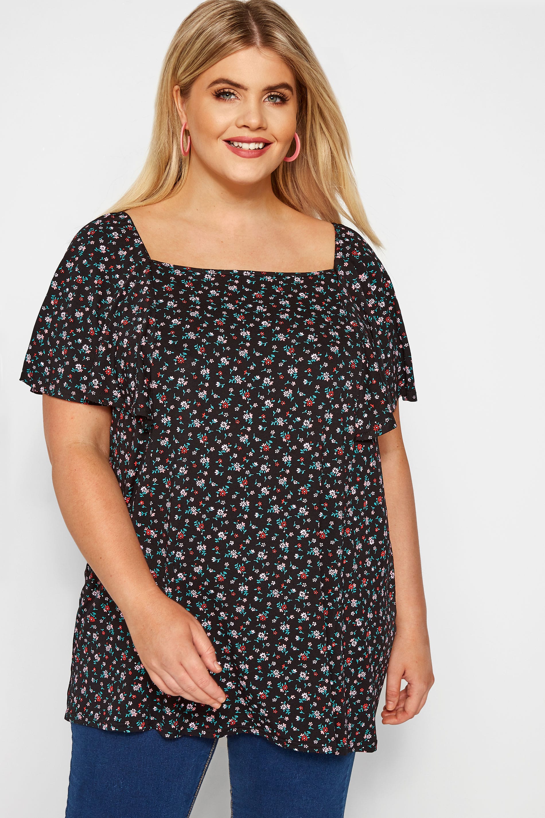 Black Ditsy Floral Square Neck Top | Sizes 16-36 | Yours Clothing