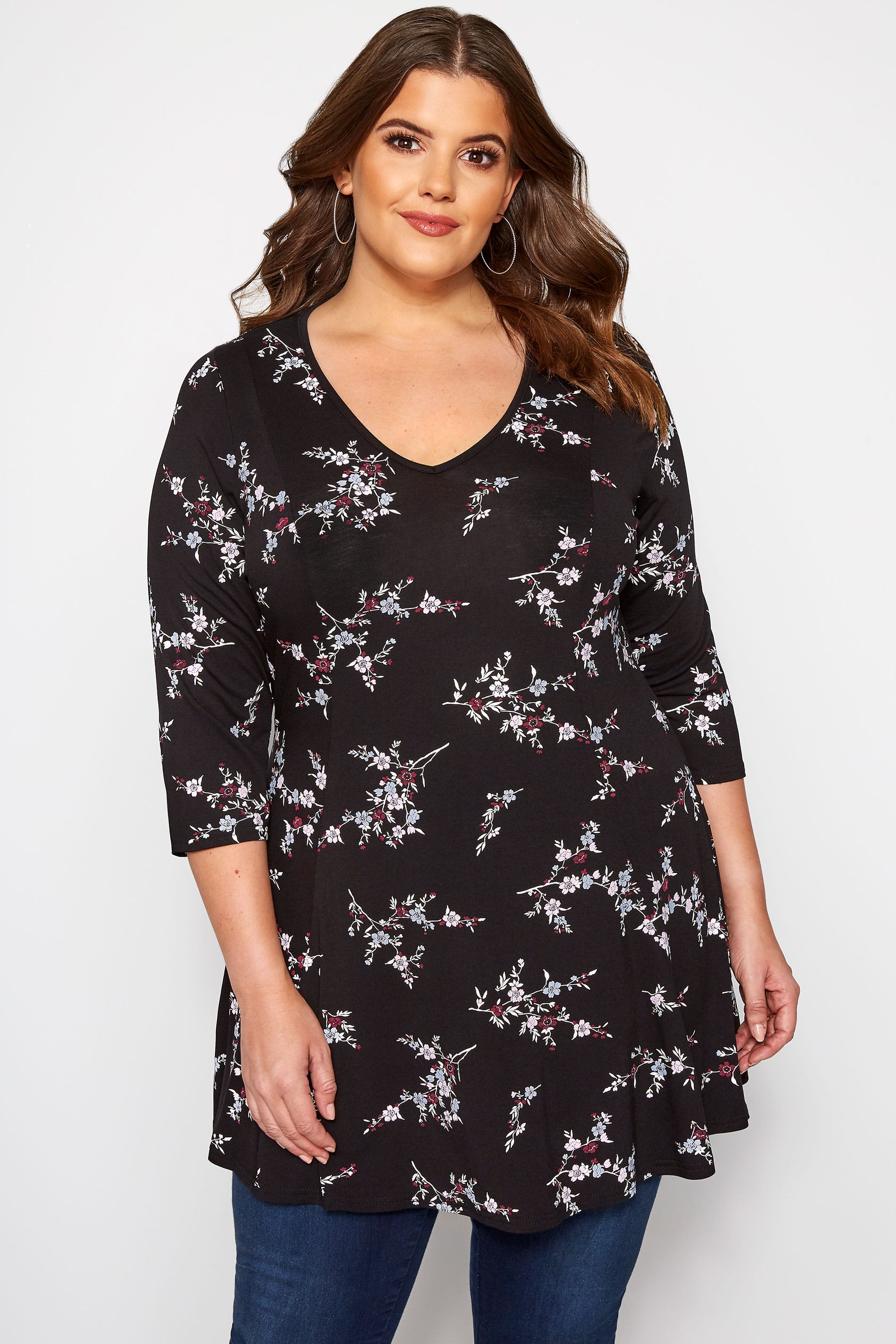 Black Ditsy Floral Swing Jersey Top | Sizes 16-36 | Yours Clothing