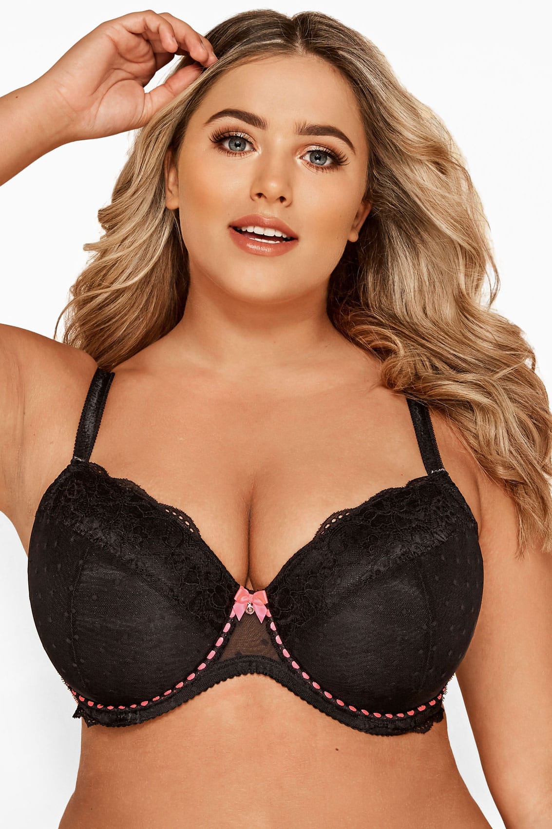 Plus Size Black Dotty Mesh And Pink Ribbon Bra Sizes 38dd To 48f