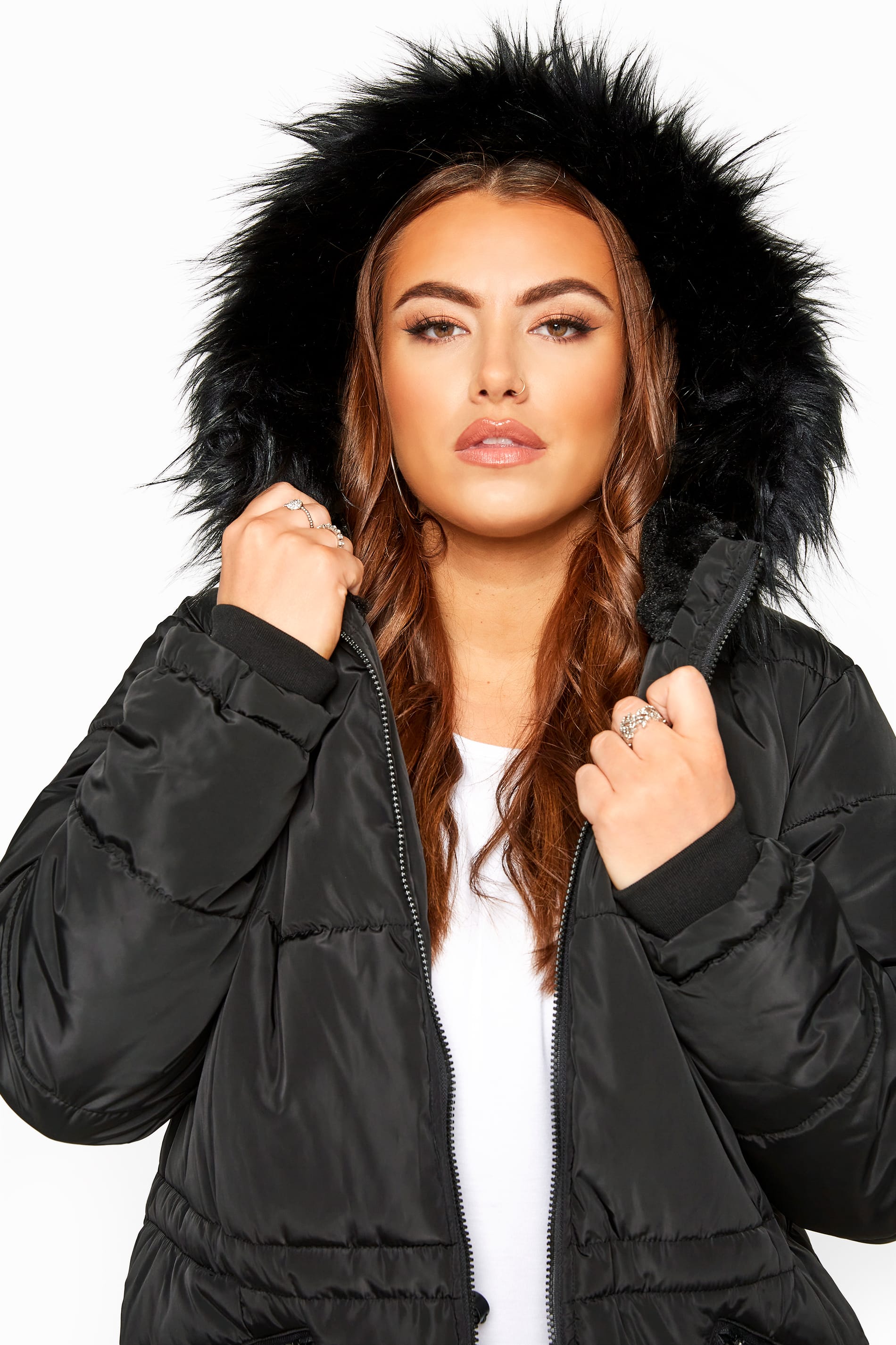 Black Long Faux Fur Trim Puffer Coat | Yours Clothing