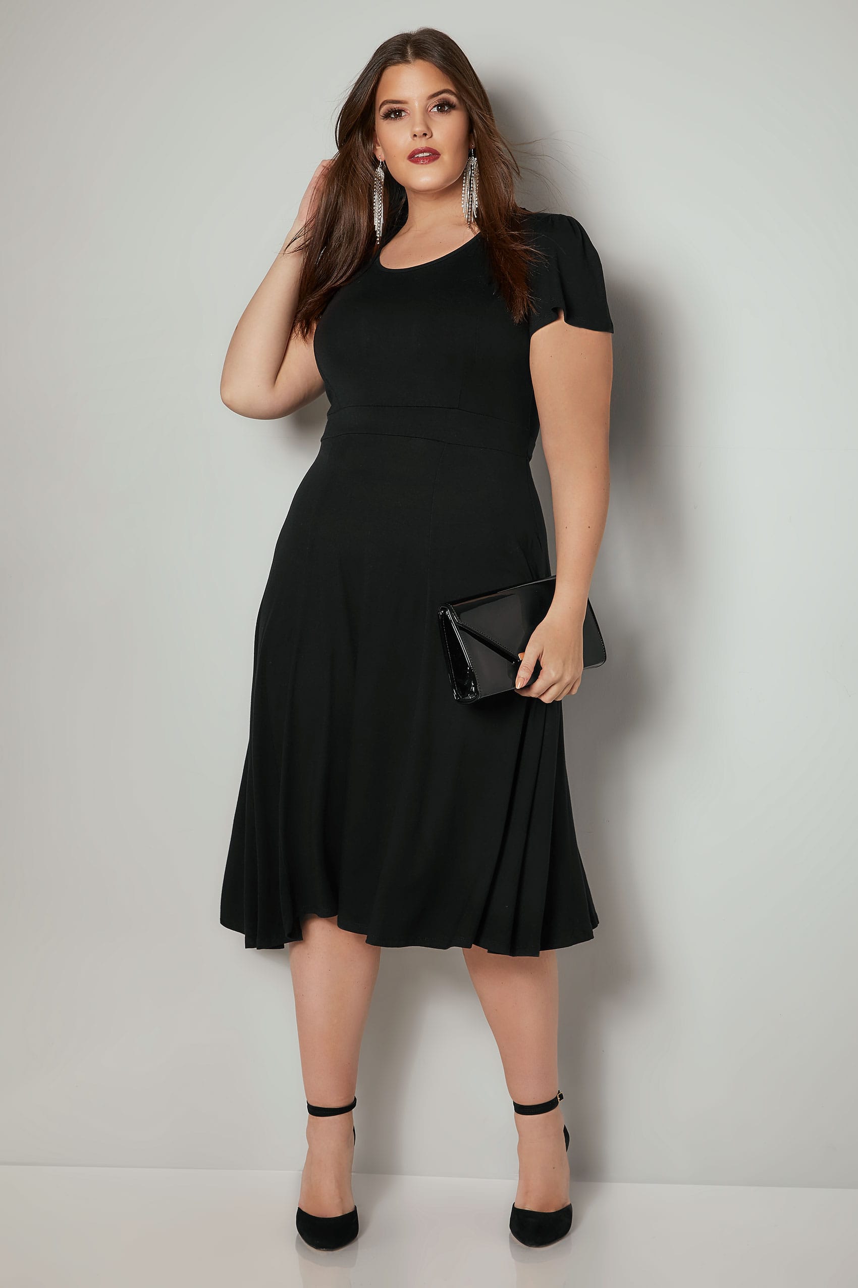 Black Fit & Flare Skater Dress With Tie Waist & Flute Sleeves, plus