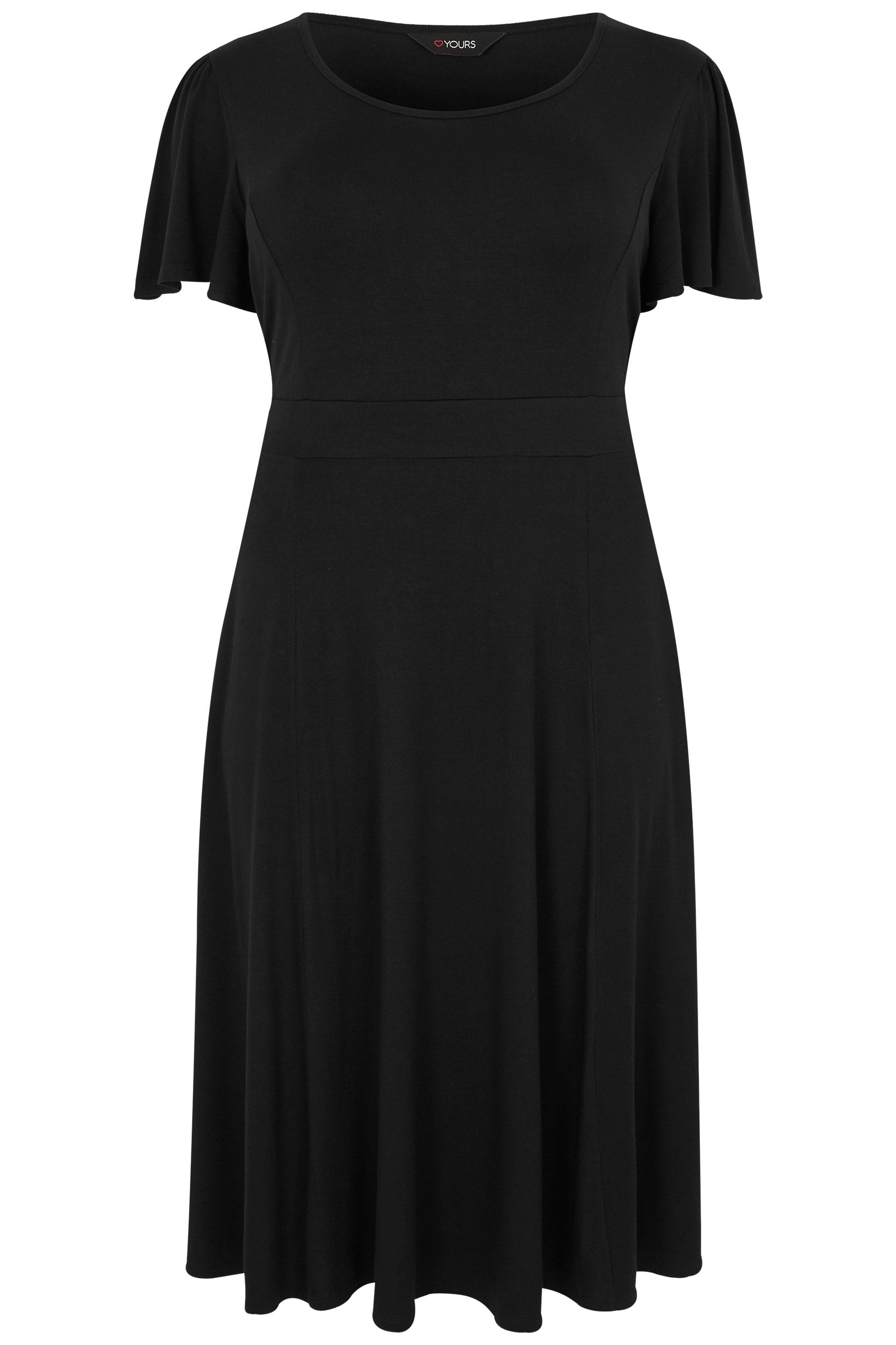 Black Fit & Flare Skater Dress With Tie Waist & Flute Sleeves, plus ...