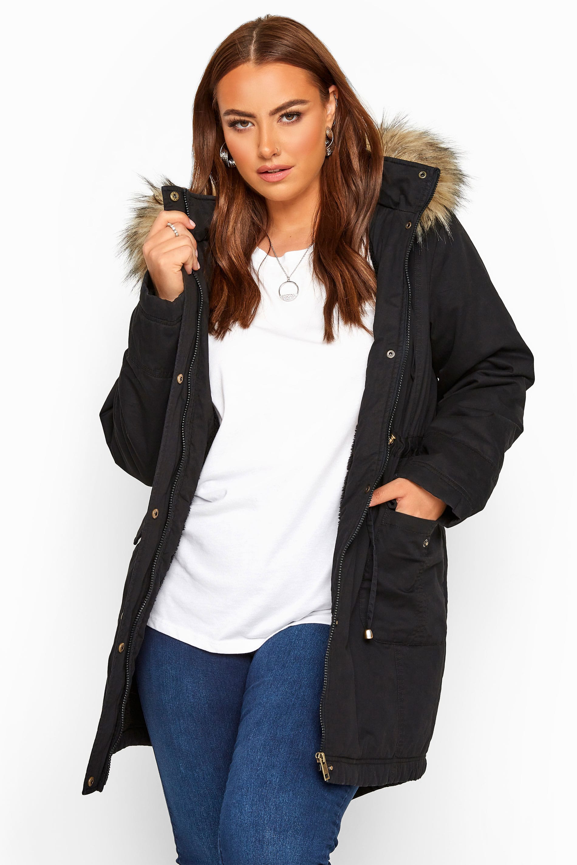 Black Fleece Lined Faux Fur Trim Parka Jacket | Yours Clothing