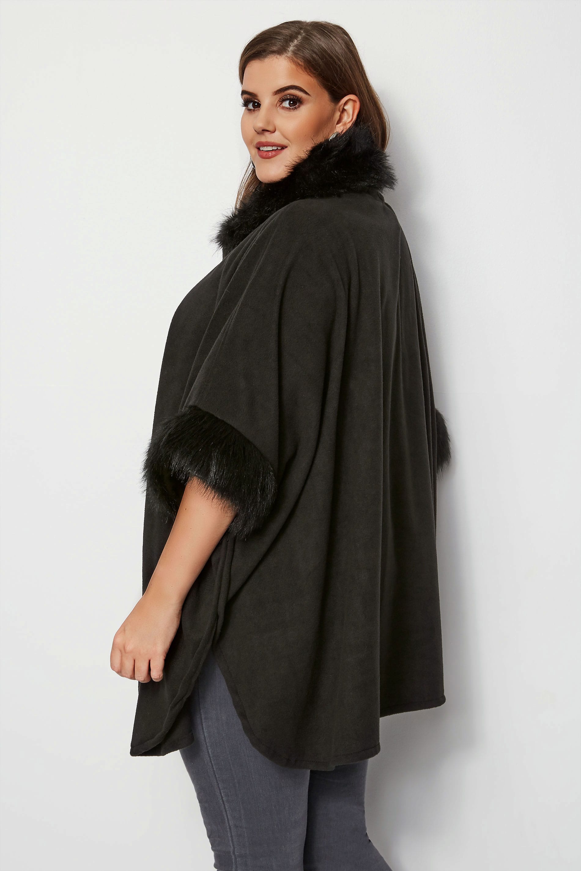 Black Fleece Wrap With Faux Fur Trim, plus size 16 to 32