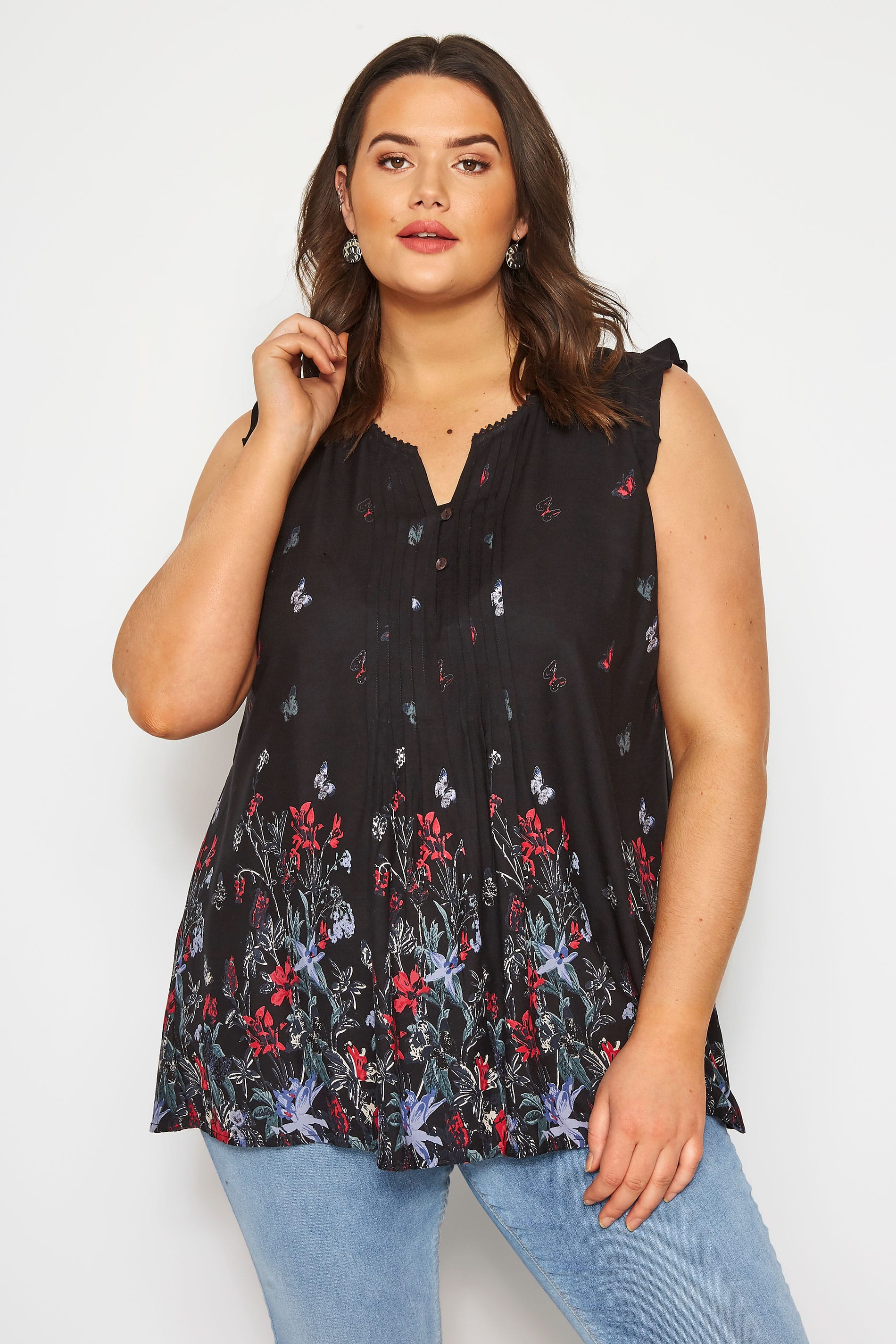 Black Floral Border Pintuck Blouse | Plus Size 16 to 36 | Yours Clothing