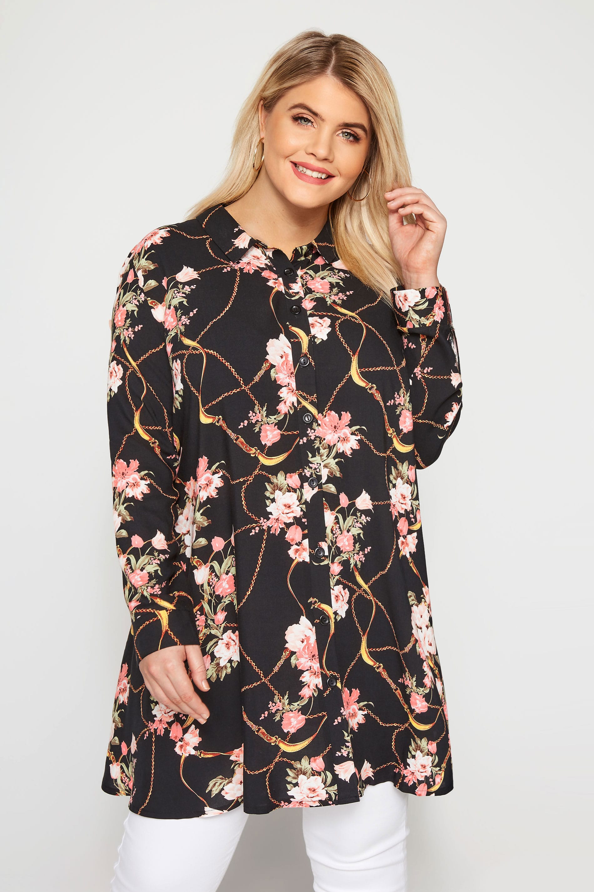 Black Floral Chain Mix Shirt | Sizes 16 to 36 | Yours Clothing