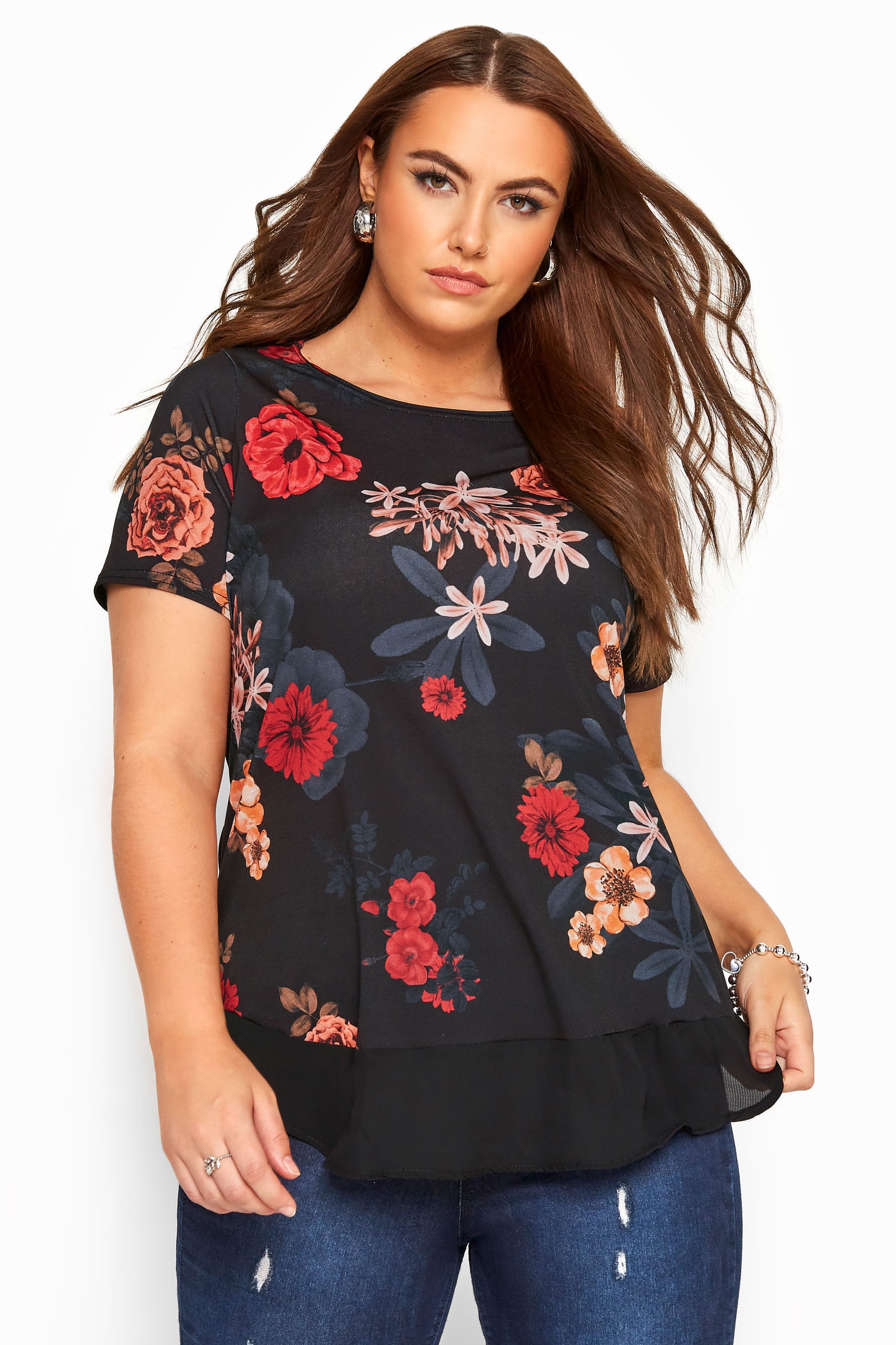 Black Floral Chiffon Hem Top | Yours Clothing