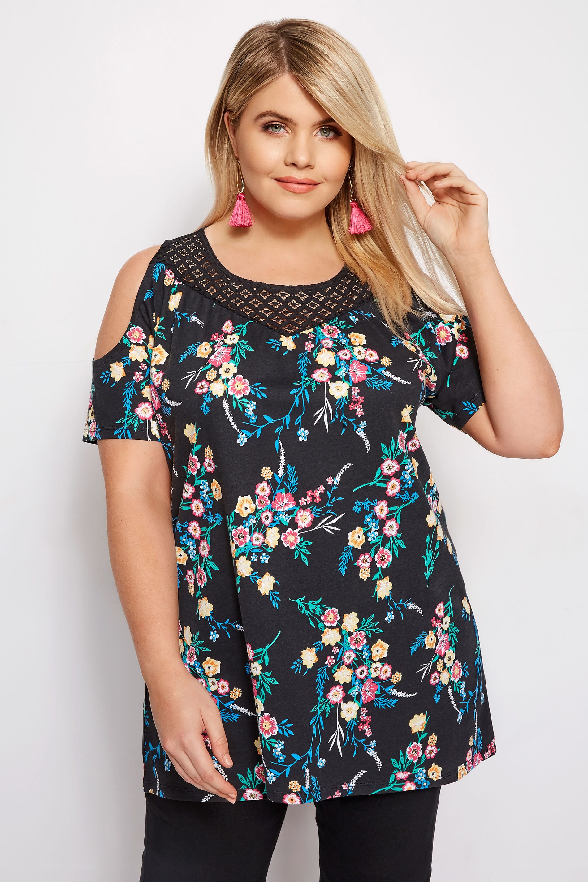 Black Floral Cold Shoulder Top | Sizes 16 to 36 | Yours Clothing