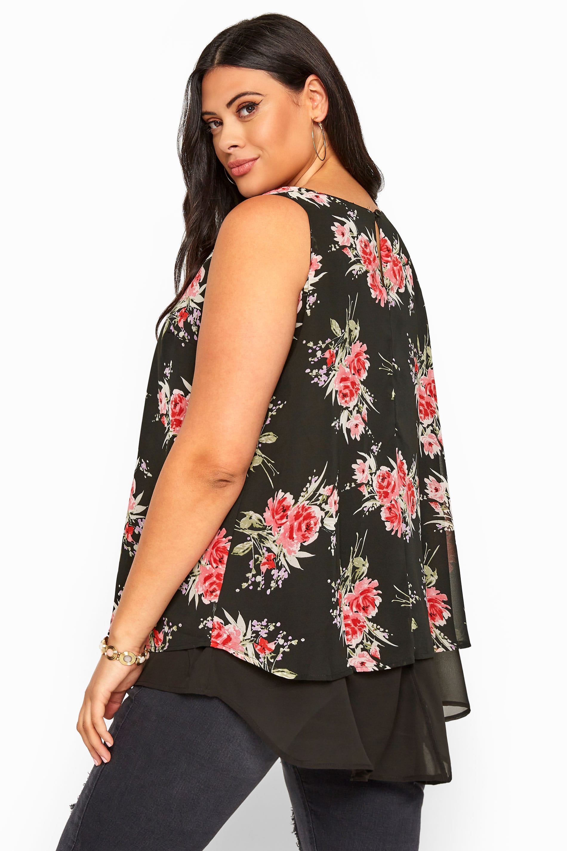 Black Floral Double Layer Chiffon Top | Yours Clothing