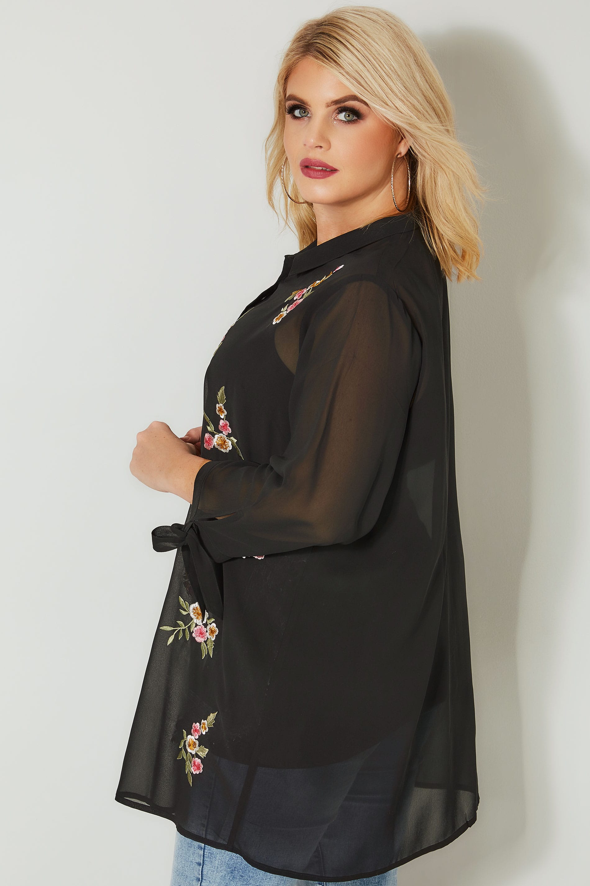 Black Floral Embroidered Longline Chiffon Shirt, plus size 16 to 36