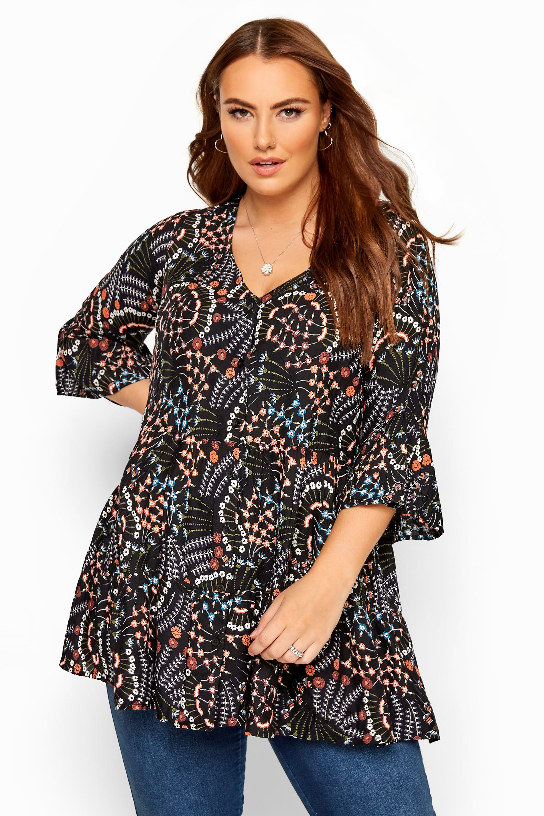 Black Floral Fan Print Smock Blouse | Yours Clothing