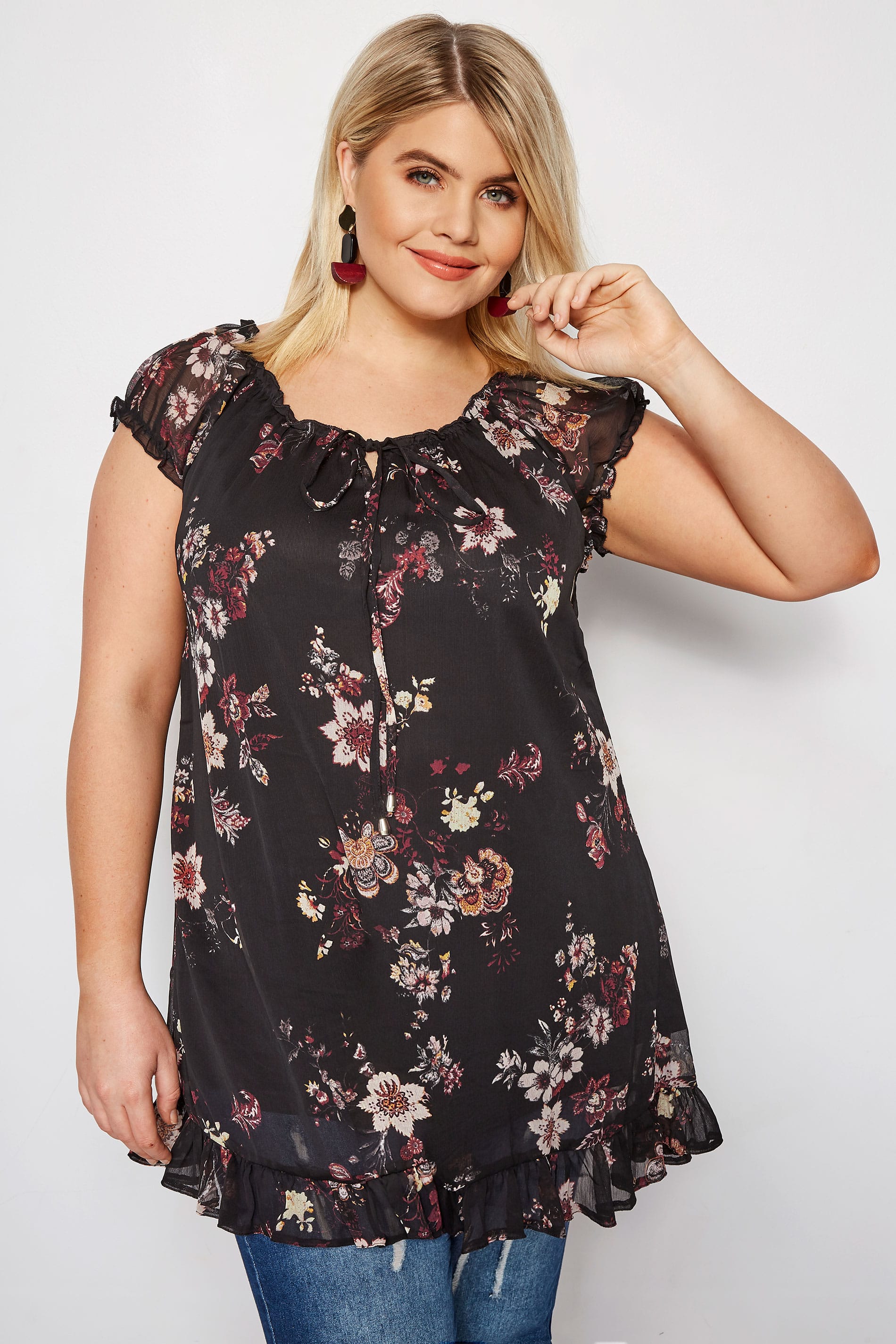 Black Floral Gypsy Top, Plus size 16 to 32