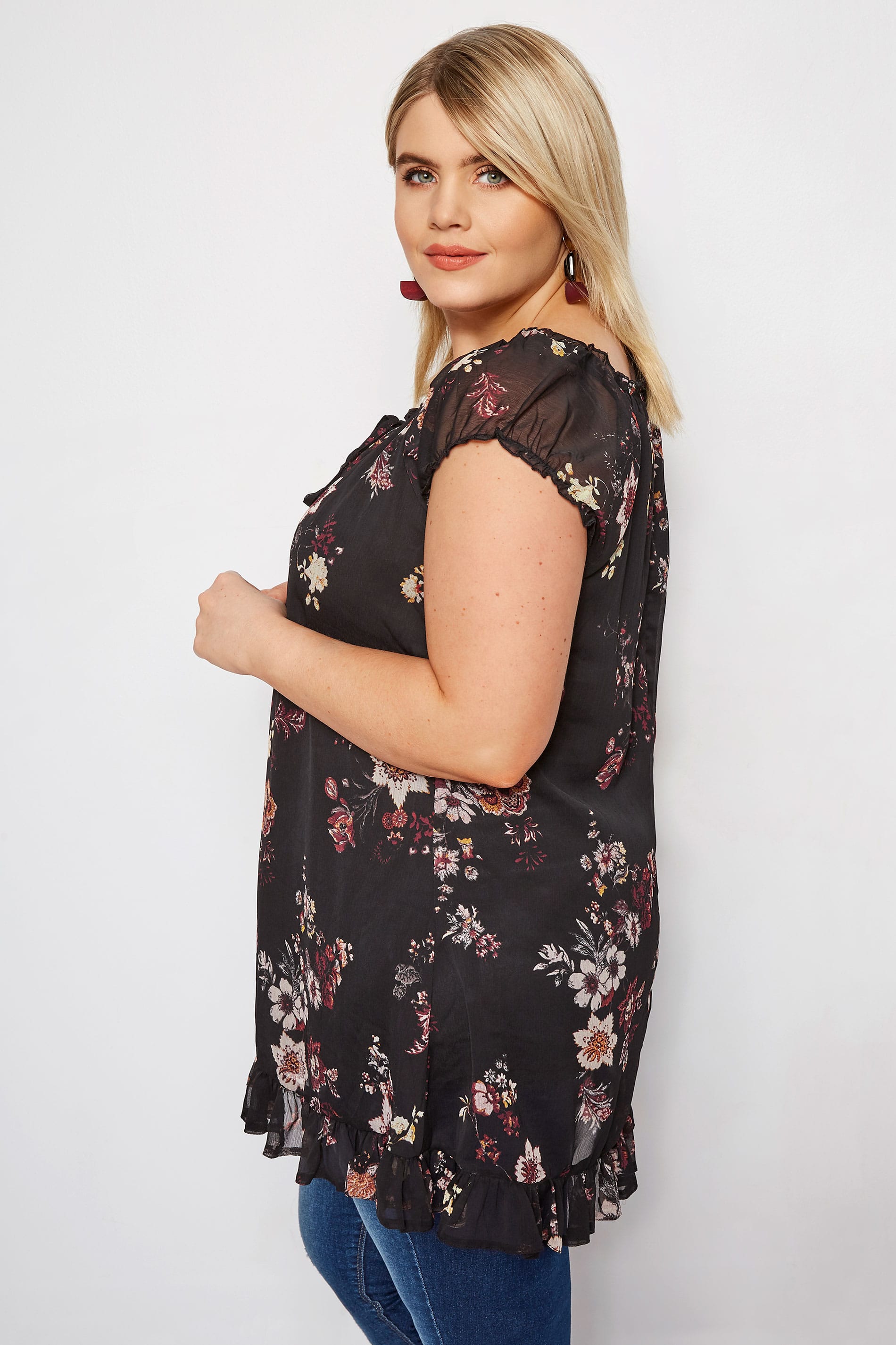 Black Floral Gypsy Top, Plus size 16 to 32