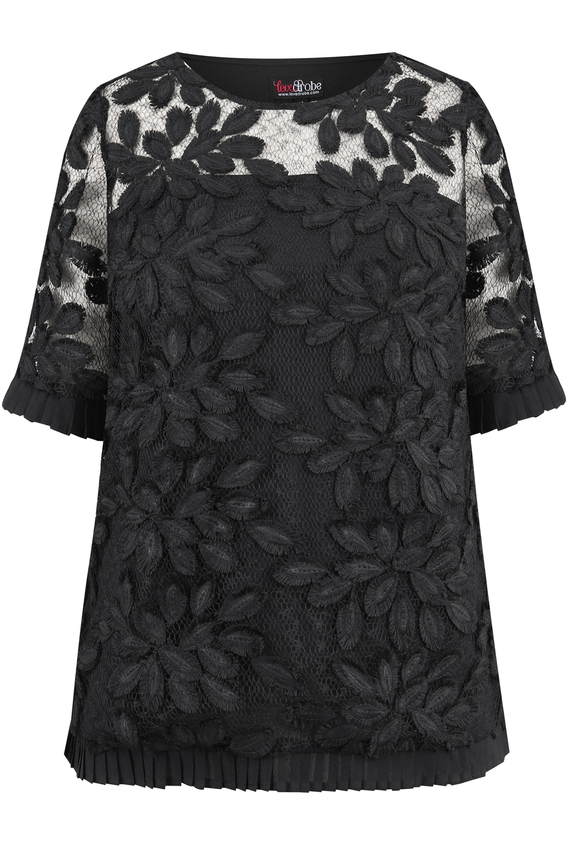 Lovedrobe Black Floral Lace Pleated Top, Plus size 16 to 32
