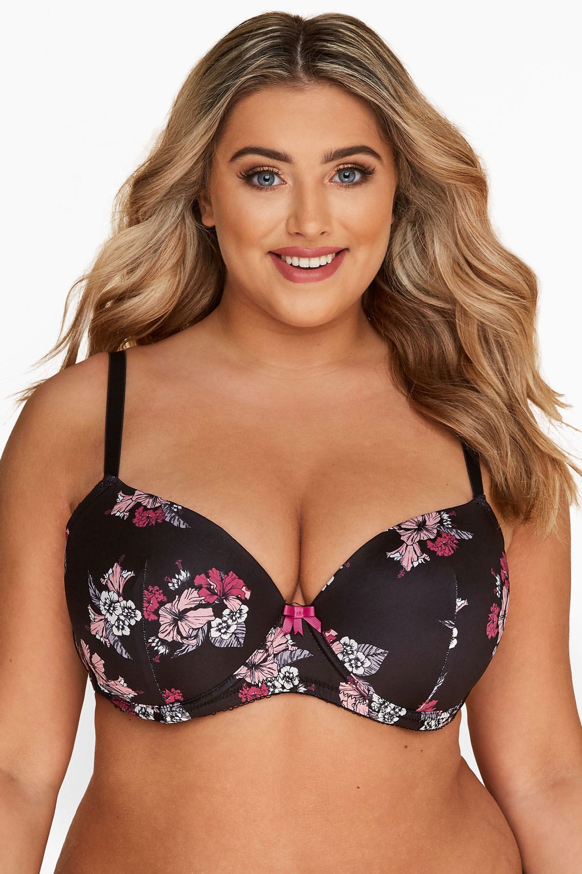 Black Floral Padded Underwired T Shirt Bra Sizes Yours Clothing