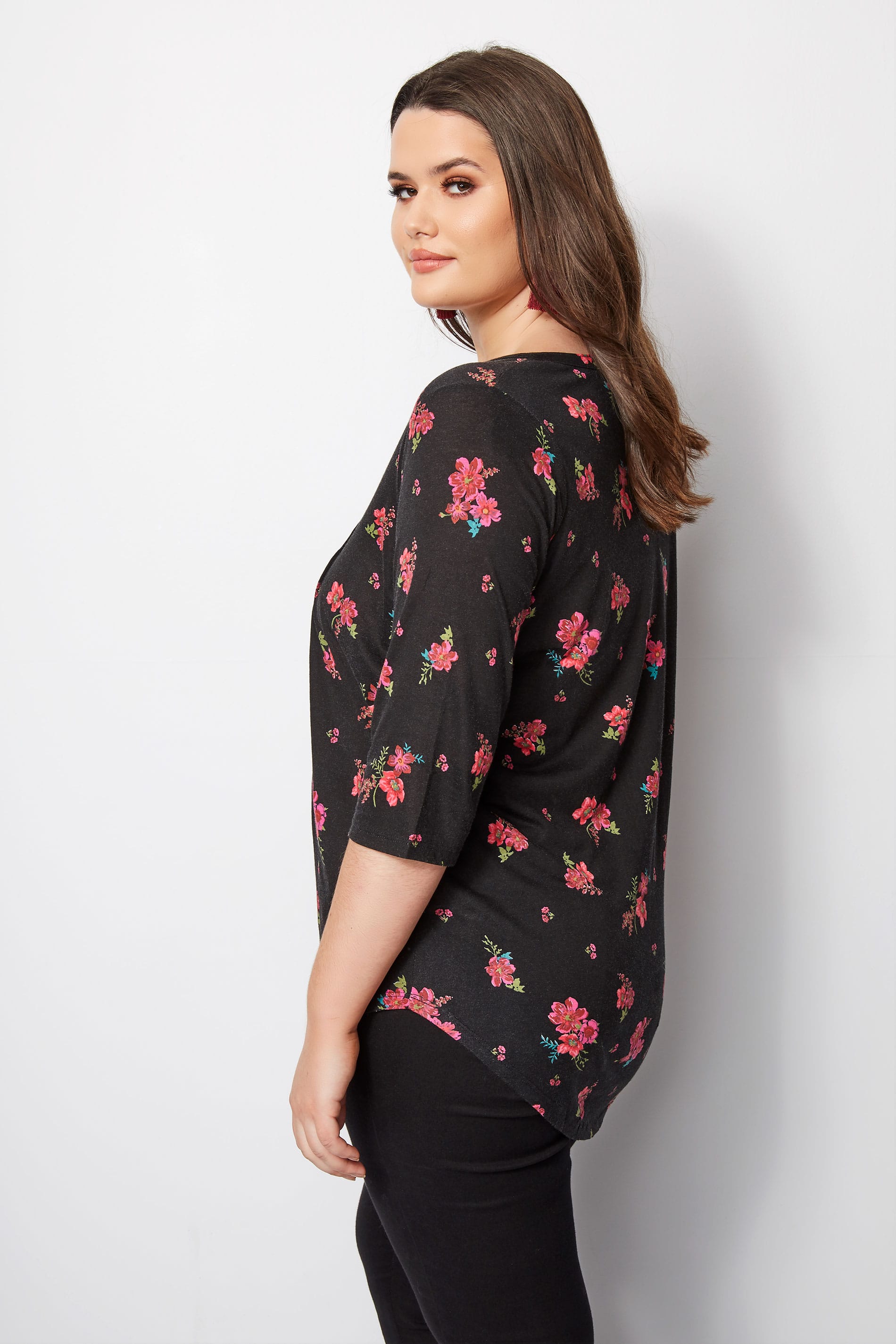 Black Floral Pintuck Jersey Top, Plus size 16 to 36 | Yours Clothing