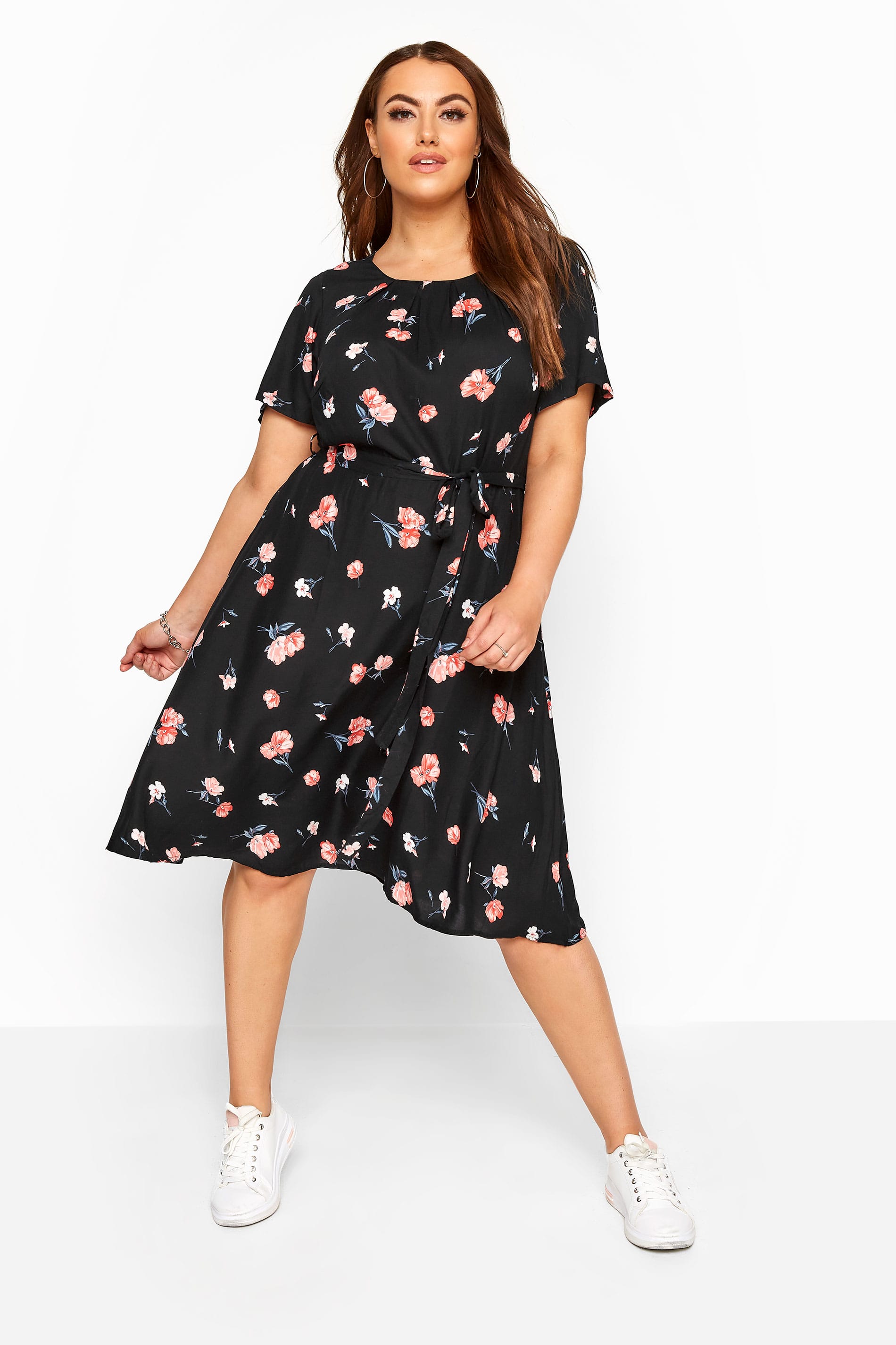 Black Floral Pleat Neck Dress | Yours Clothing