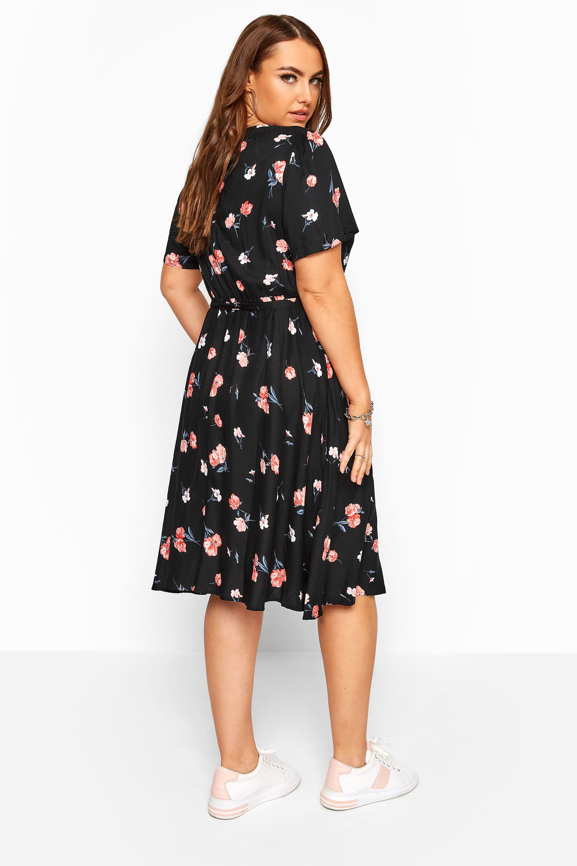 Black Floral Pleat Neck Dress | Yours Clothing