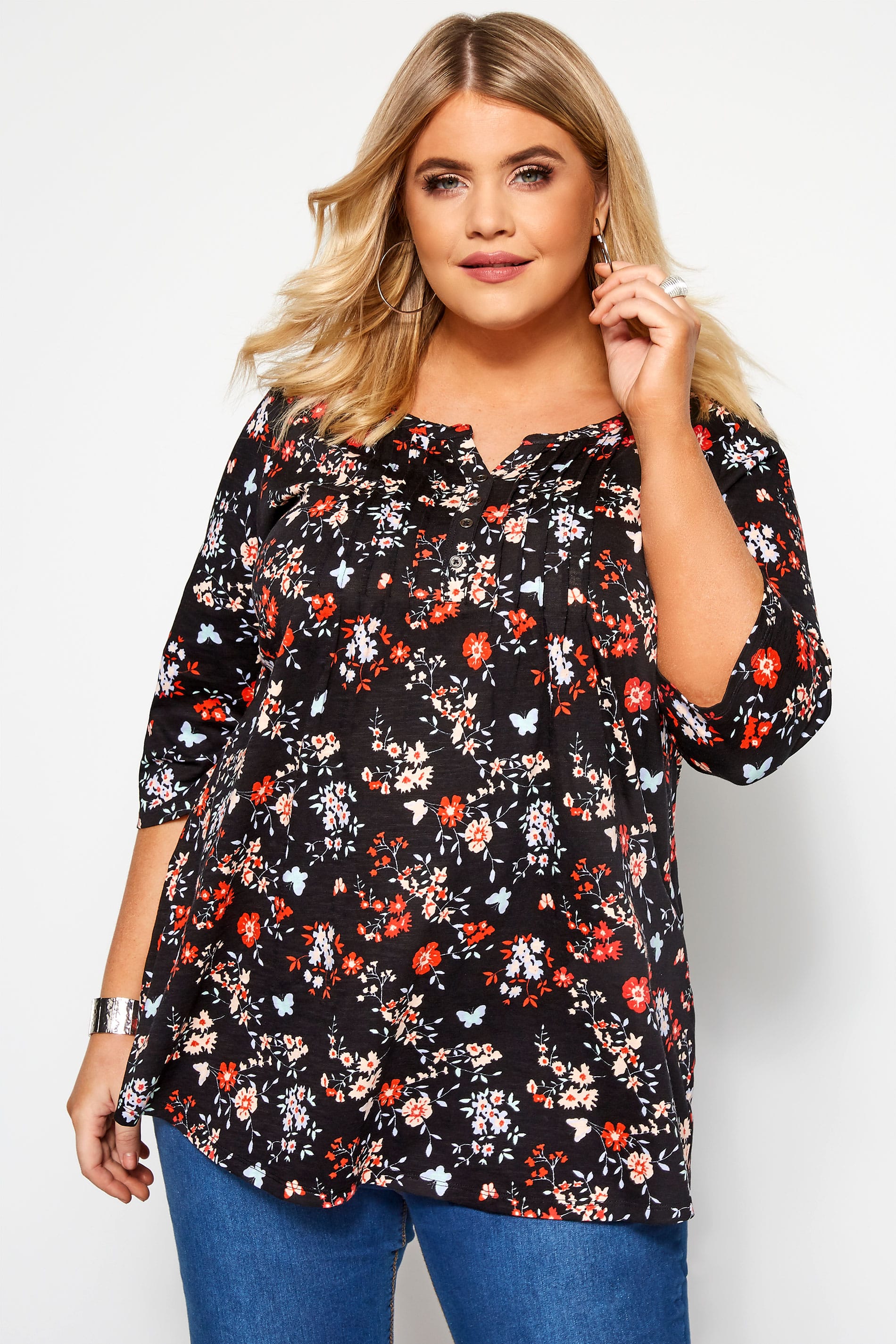 Black Floral Pleated Henley Top | Yours Clothing