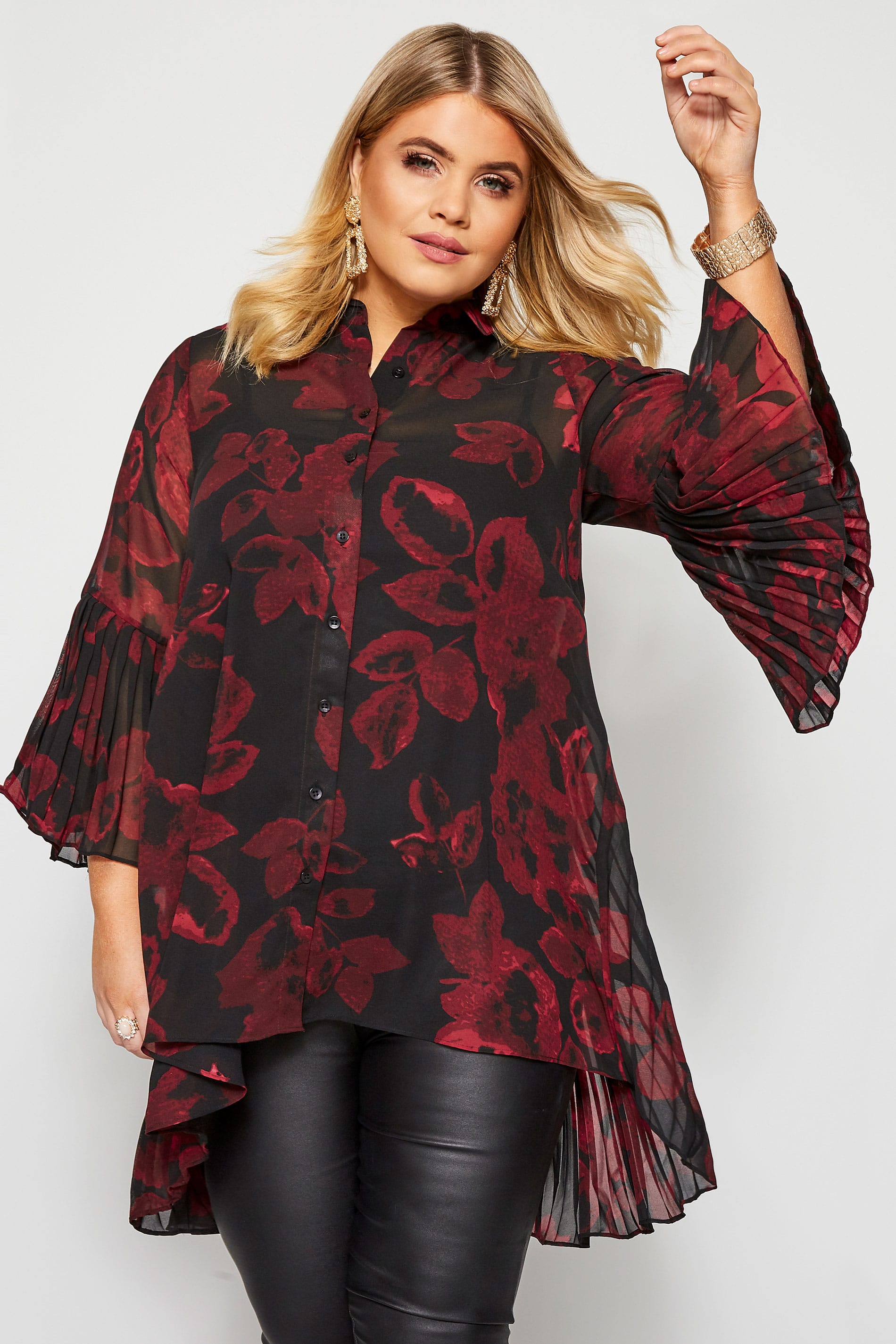 Black Floral Pleated Longline Shirt | Yours Clothing