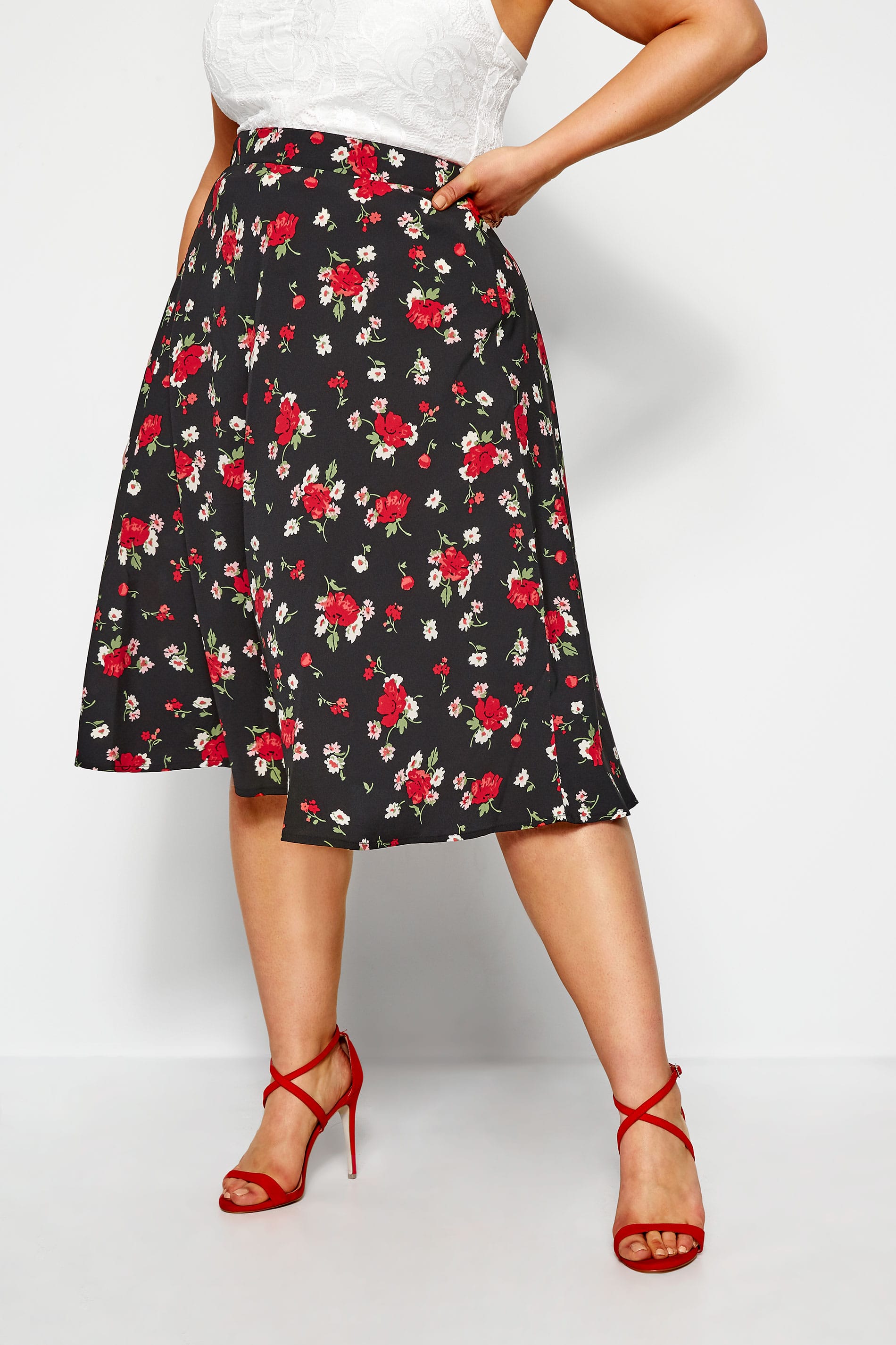 Black Floral Print Midi Skirt | Yours Clothing